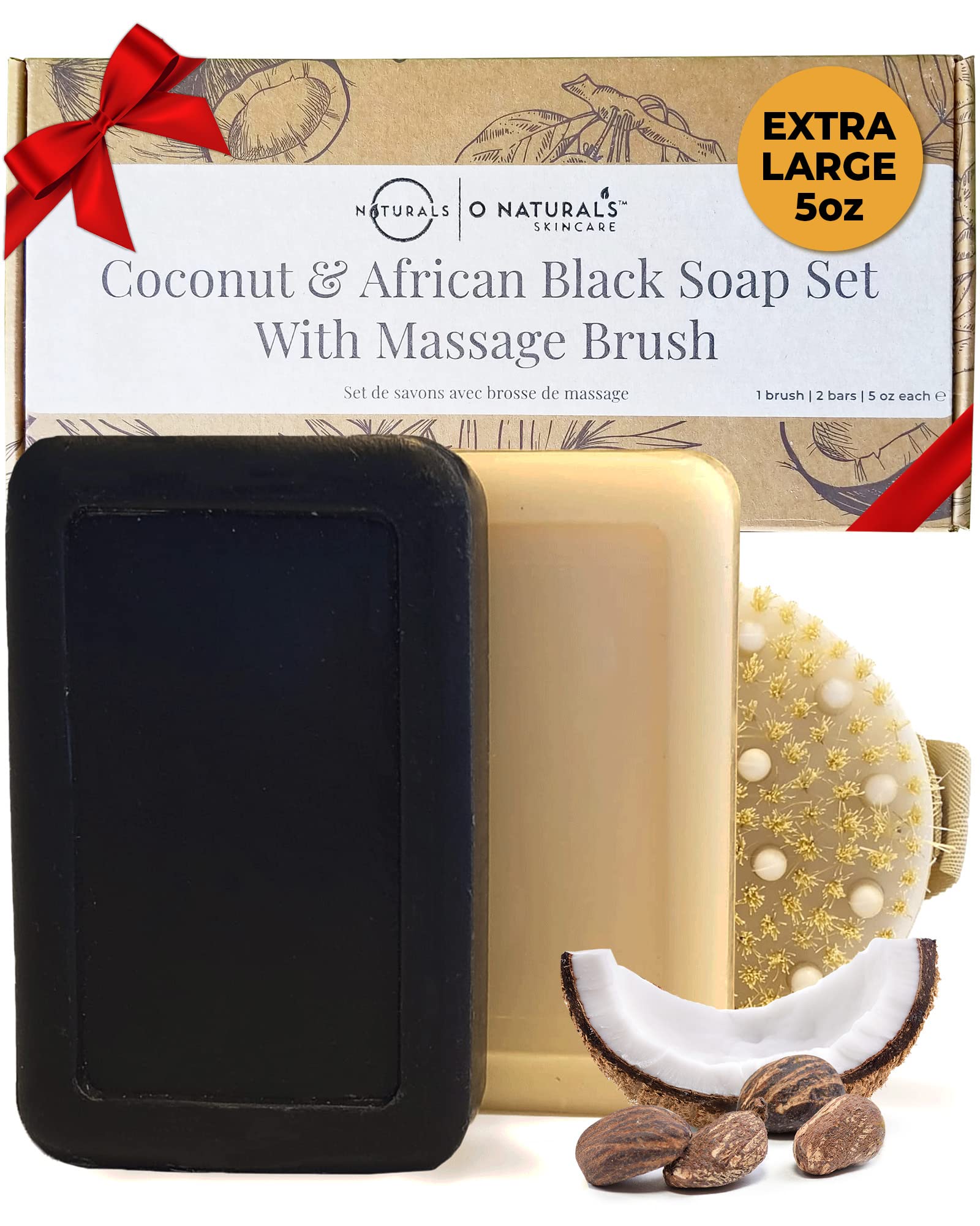 O NATURALS 100% Natural Bar Soap - Soap Gift Set - Organic Ingredients & Essential Oils - Spa Gifts for Women & Men, Women & Men's Bar Soap Face Soap - African Black Soap & Coconut Soap w/Dry Brush