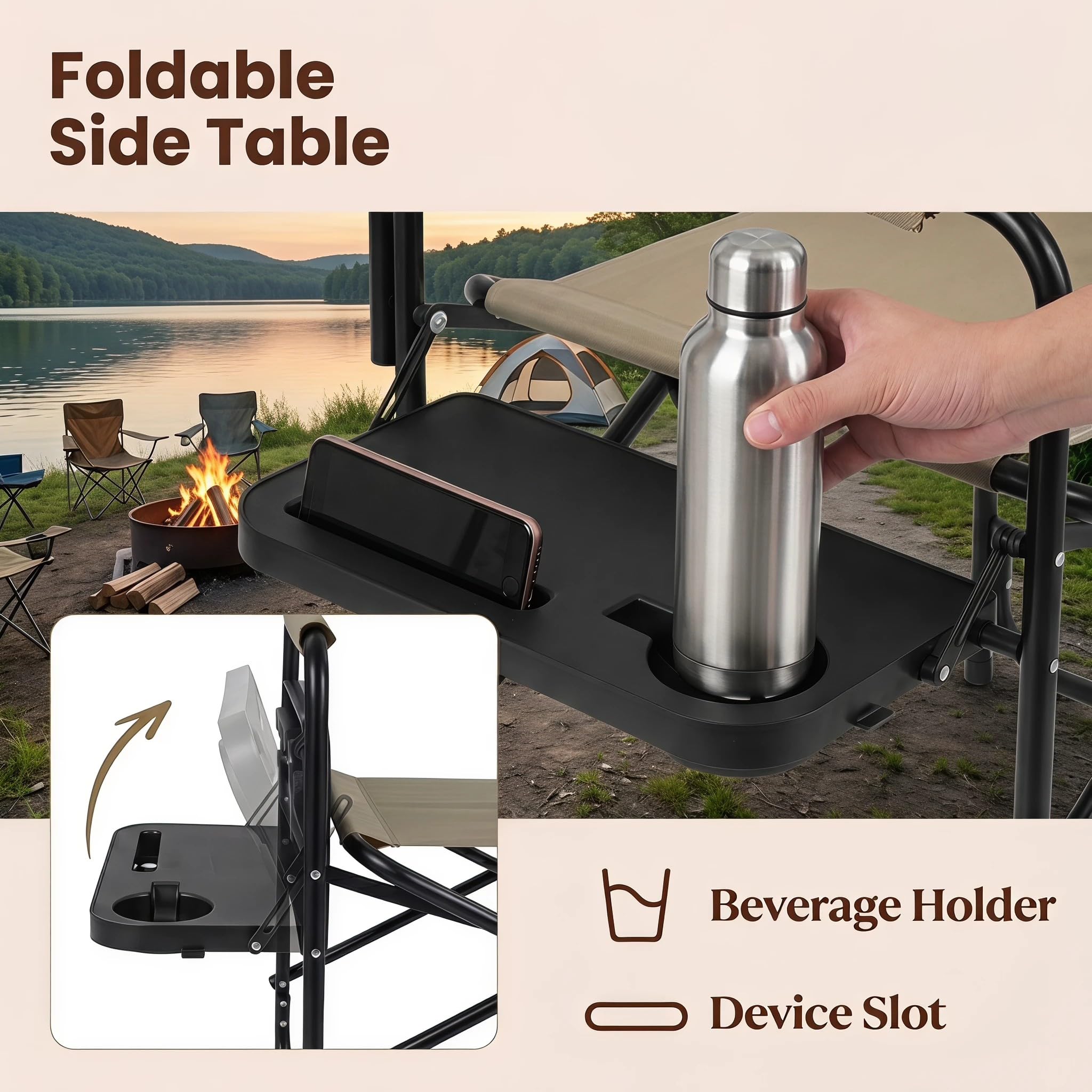 SOARS Sedia da Campeggio Pieghevole Leggera con Tavolino, Marrone | Sedia Regista Portatile con Portabicchiere, in Metallo Resistente, per Pesca e Picnic, da Giardino e Spiaggia, Max 160 kg
