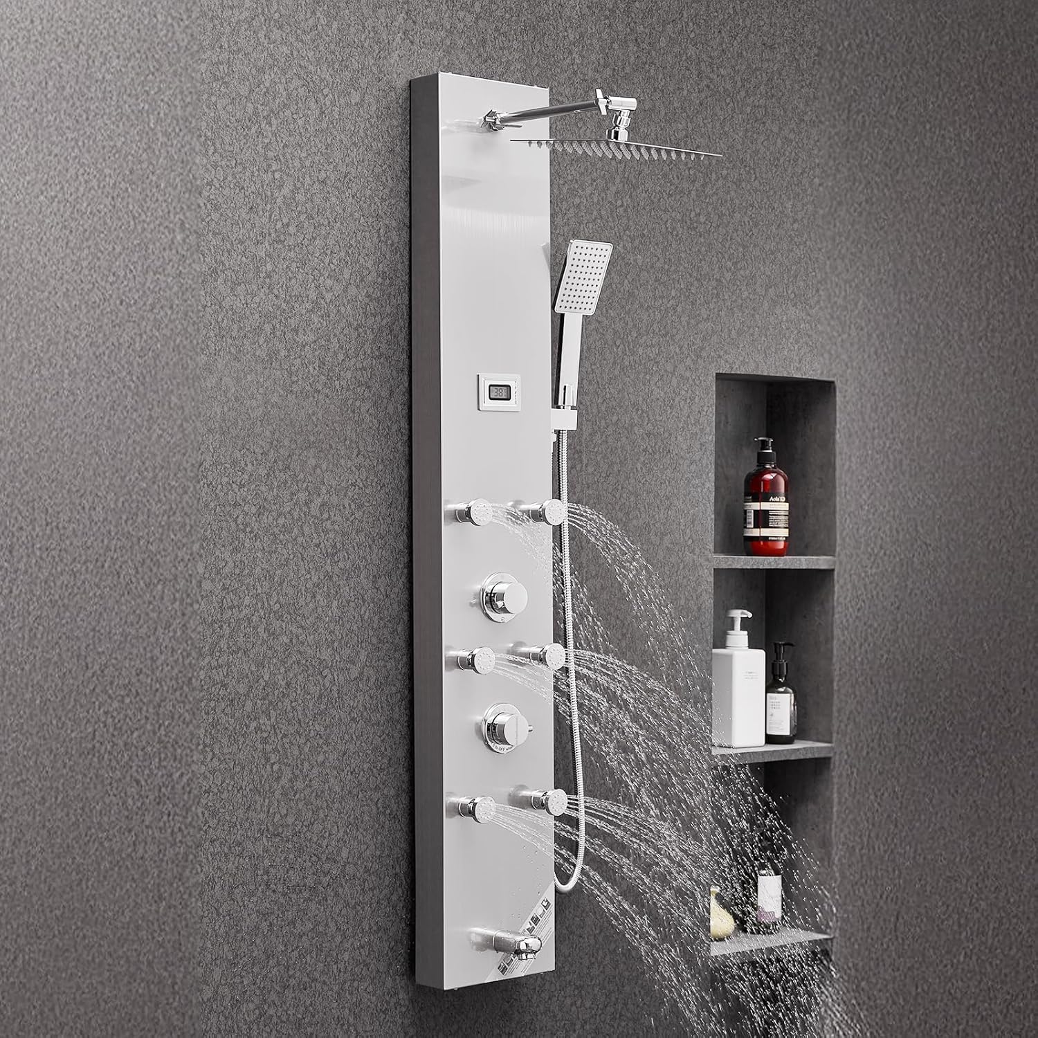 VEVOR Shower Panel Tower System with Rainfall Shower Head, LED, 49 in Brushed Stainless Steel Shower Column, 4-Function Faucet, Wall-Mount Rain Massage System with 6 Body Jets, Handheld, and Tub Spout