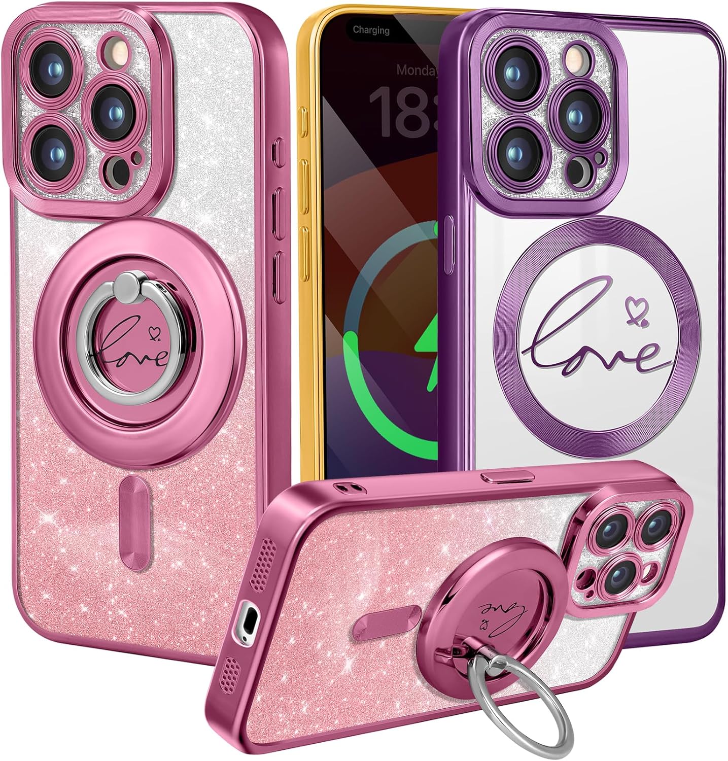 petitian for iphone 15 pro max case - compatible with magsafe women glitter bling ring stand magnetic phone case girls clear sparkle elegant cute love design for 15 pro max cases cover funda