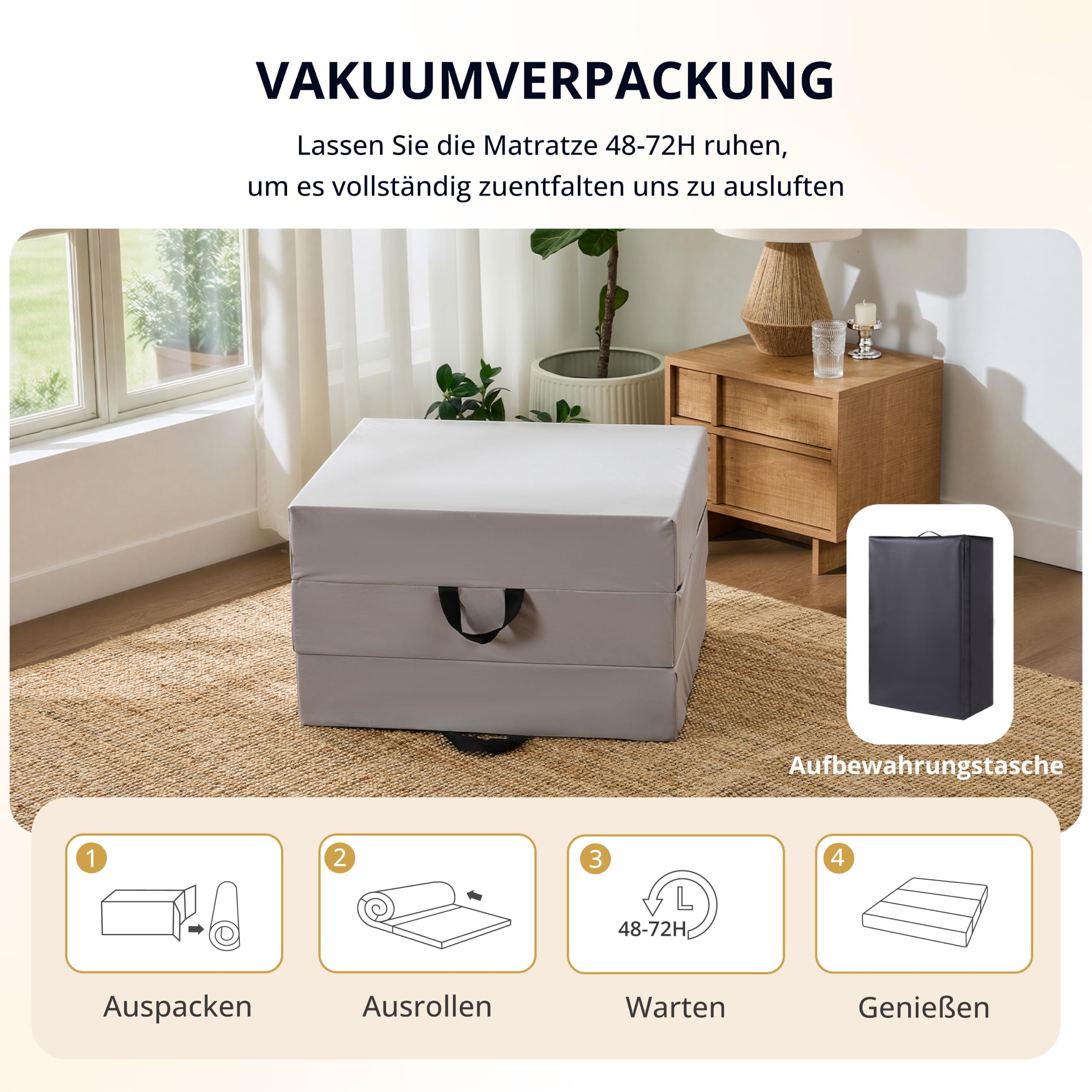 EGOHOME Klappmatratze 195x75x15 cm, 3-teilige Gästematratze mit Bambus-Memory-Schaum & Härtegrad H3, vielseitige Campingmatratze & Bodenmatte mit Aufbewahrungstasche, Grauer Bezug