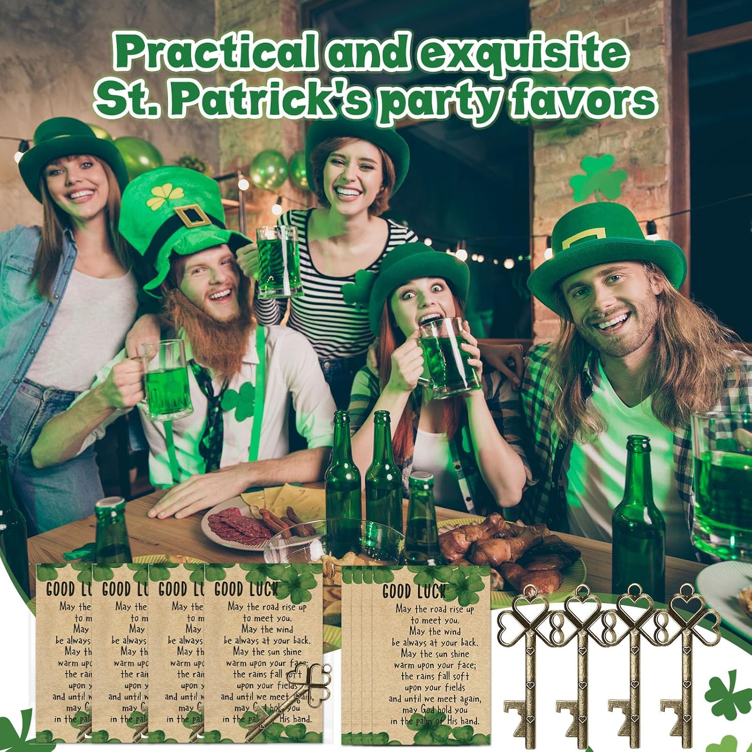 Vesici 40 Set St Patricks Day Bulk Shamrock Skeleton Key Beer Bottle Opener with Good Luck Clover Cards Vintage Irish Party Favors Appreciation Gift for Employee Coworker Family