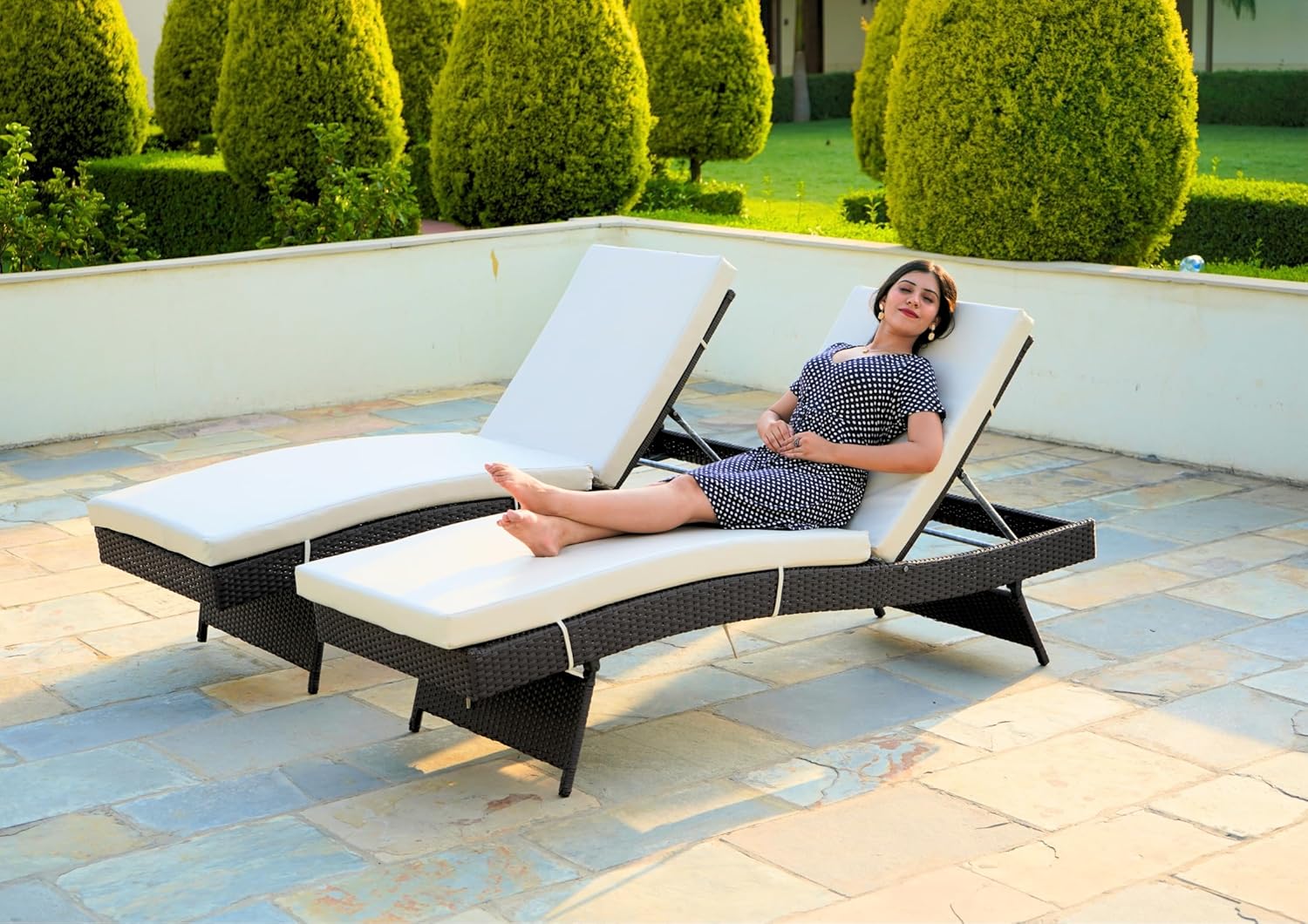DEVOKO Set of 2 Outdoor Patio Recliner Lounger Chair 5 Position Adjustable Backrest with All Weather Wicker Waterproof Cushion Sun Lounger for Poolside, Garden Balcony (Dark Brown & Off-White) DEVOKO Set of 2 Outdoor Patio Recliner Lounger Chair 5 Position Adjustable Backrest with All Weather Wicker Waterproof Cushion Sun Lounger for Poolside, Garden Balcony (Dark Brown & Off-White)