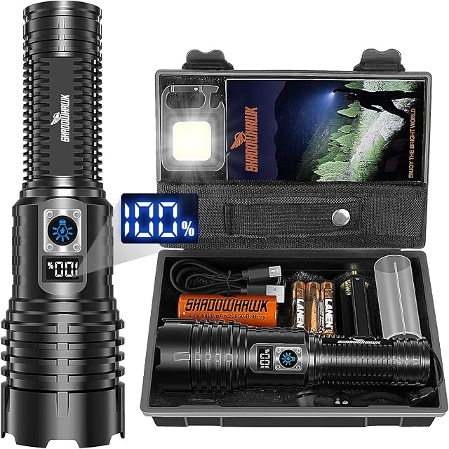 Shadowhawk Torches LED Super Bright Rechargeable, Flashlight 15000 Lumens XHM77.2 Torches Battery Powered, Powerful Tactical Flash Light Torch, USB Hand Torch for Dog Walking Camping Emergency Gift