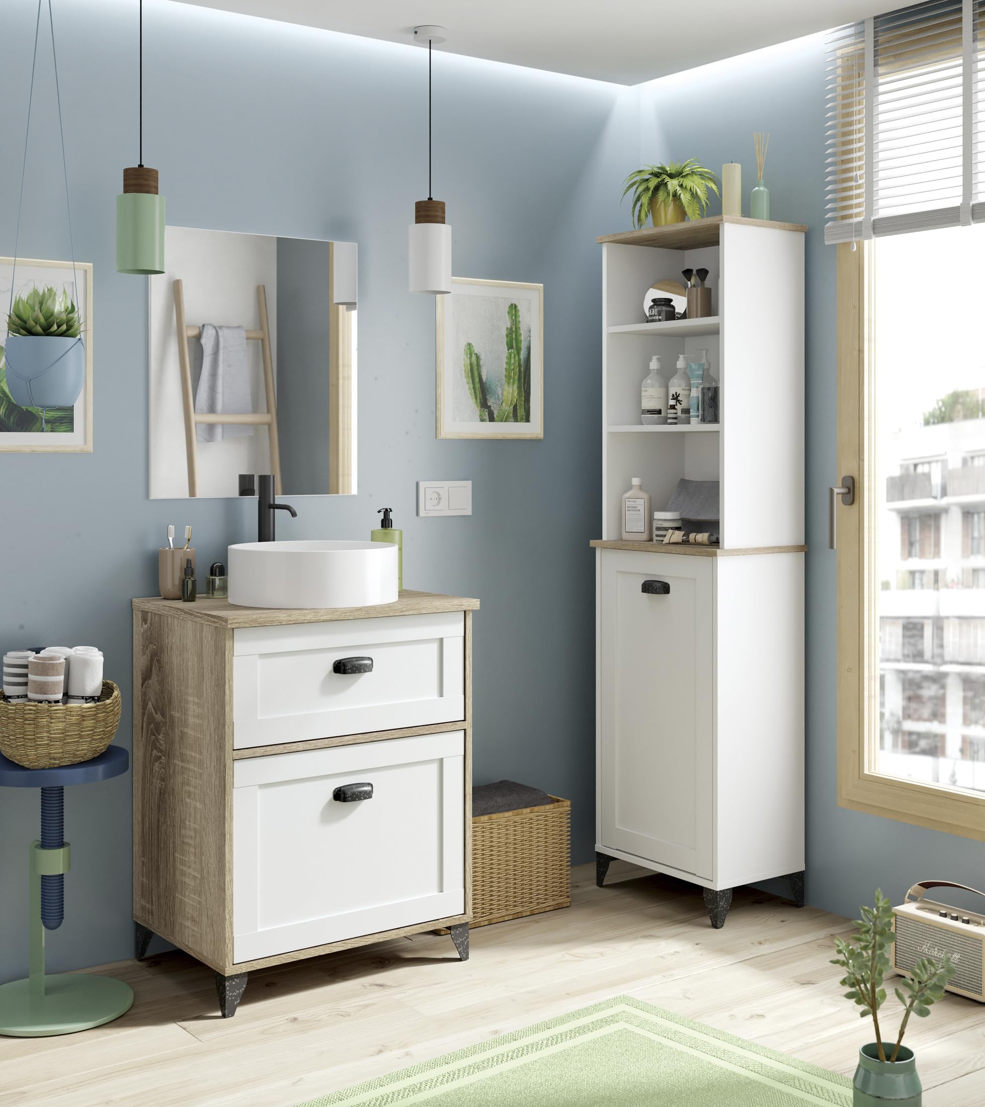 Muebles Pitarch | Mobile da bagno con lavabo in ceramica incluso, 60cm, con piedi, cassetto ,1 porta, per lavabo da appoggio, Bianco e Rovere , Vintage, modello Toscana