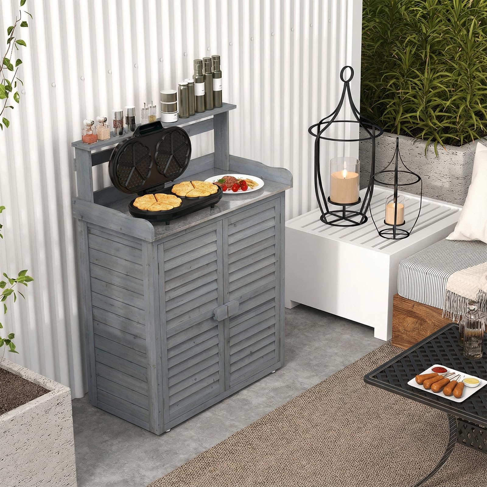 COSTWAY Armoire Jardin Bois, Armoire Exterieur avec Plan de Travail en Métal, 3 Crochets, Etagères Amovibles, Portes à Persiennes, Table de Rempotage, Meuble Exterieur Rangement (Gris)