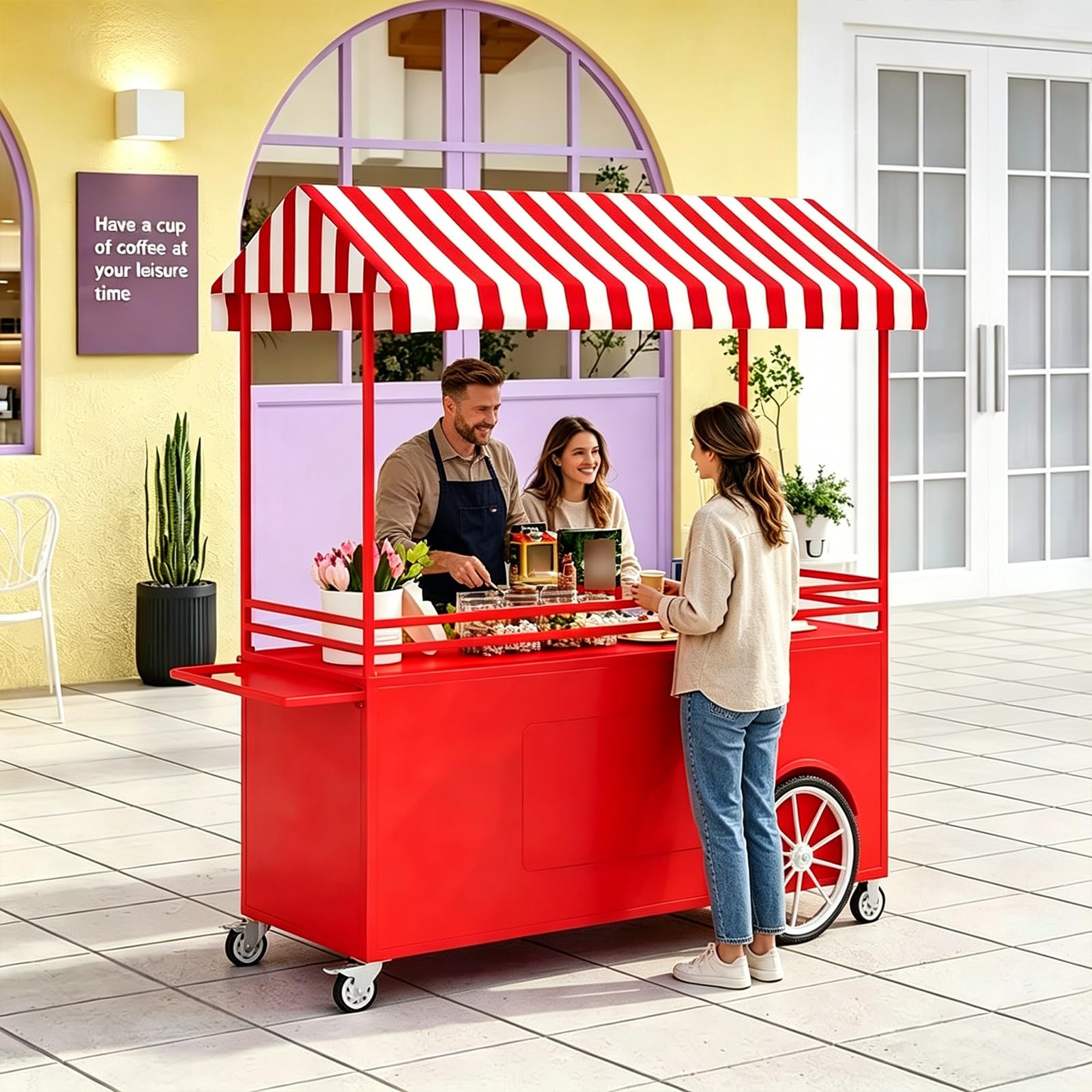 GMBAYUE Portable Vendor Cart with Canopy, Mobile Food Cart, Selling Food Booth Shelf, Vending Stand Kiosk Display Trolley, Vendor's Dessert Stall for Market Street Food & Events(Red)