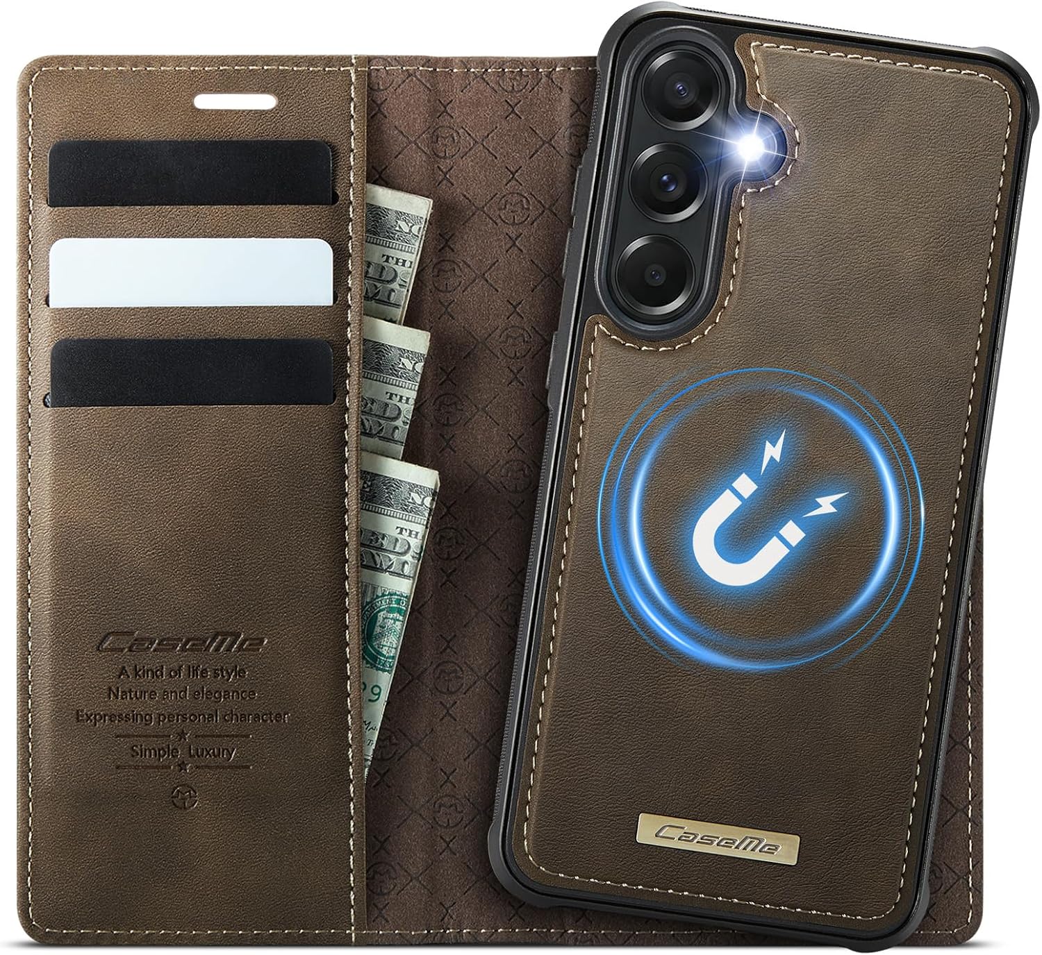 for Samsung Galaxy A57 5G 2-in-1 Magnetic Detachable Leather Wallet Case with Card Holder, RFID Blocking, Kickstand & 360° Protection, Compatible with Magnetic Charging Devices (Coffee)