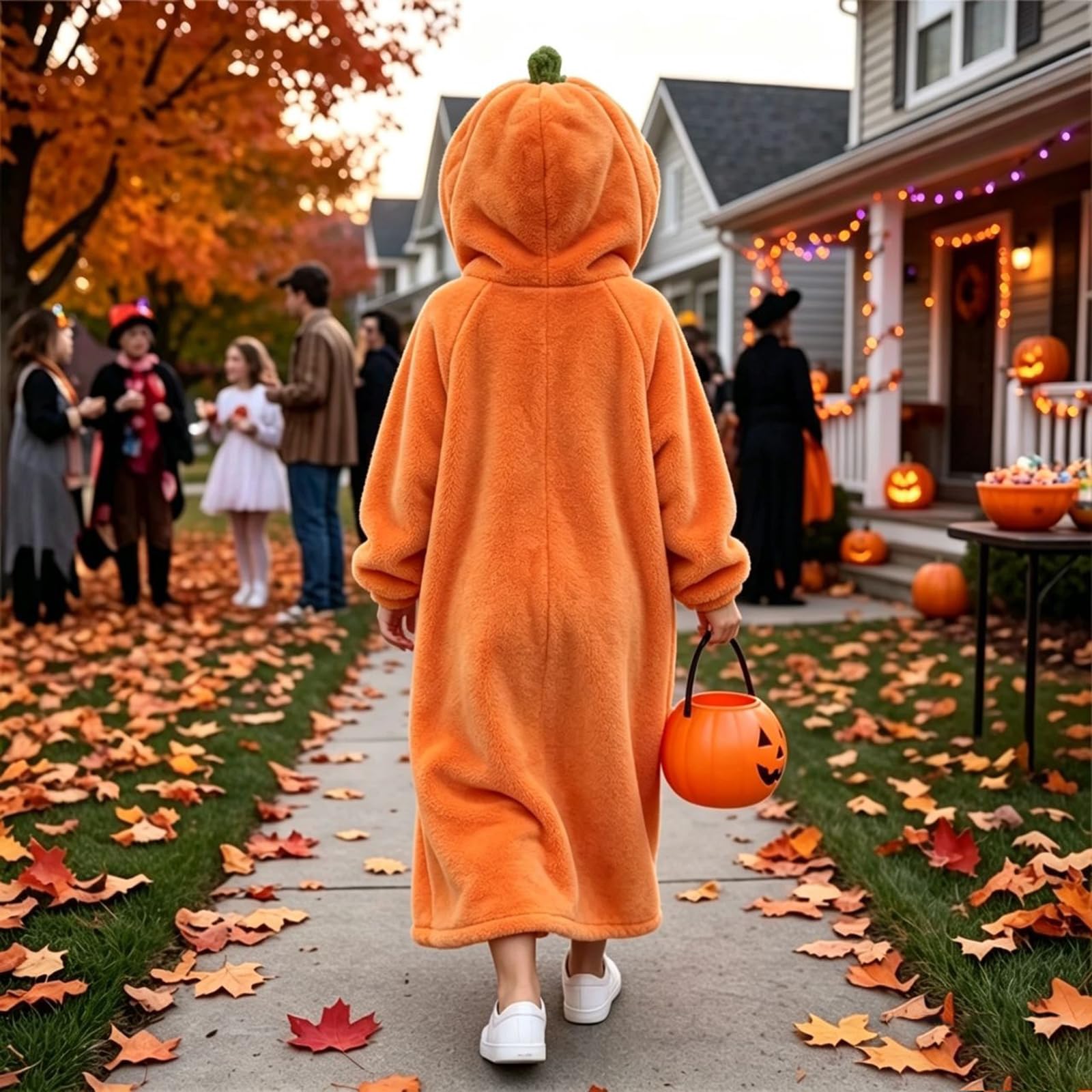 Generisch Damen Nachtkleid mit Kapuze Pumpkin Langarm Knielang Locker Geschnitten Hauskleid Schlafkleid aus weichem Fleecestoff