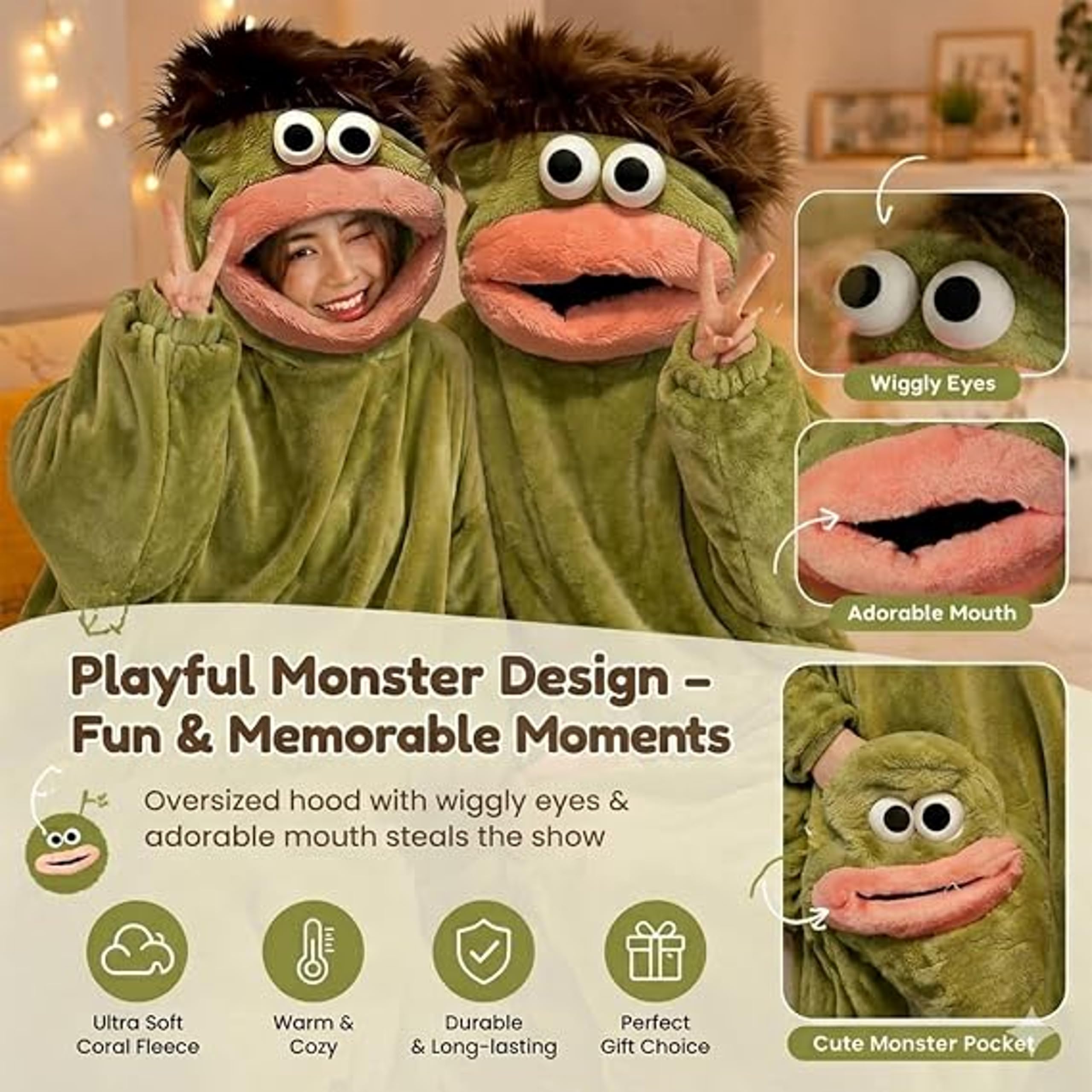 Confezione da 2 Pigiami Mostro Verde per Adulti, Felpa con Cappuccio in Pile soffice, Calda Tuta Intera con Tasche, Costume Unisex per casa, Halloween e Carnevale, Goofyonesie, Festival Outfit