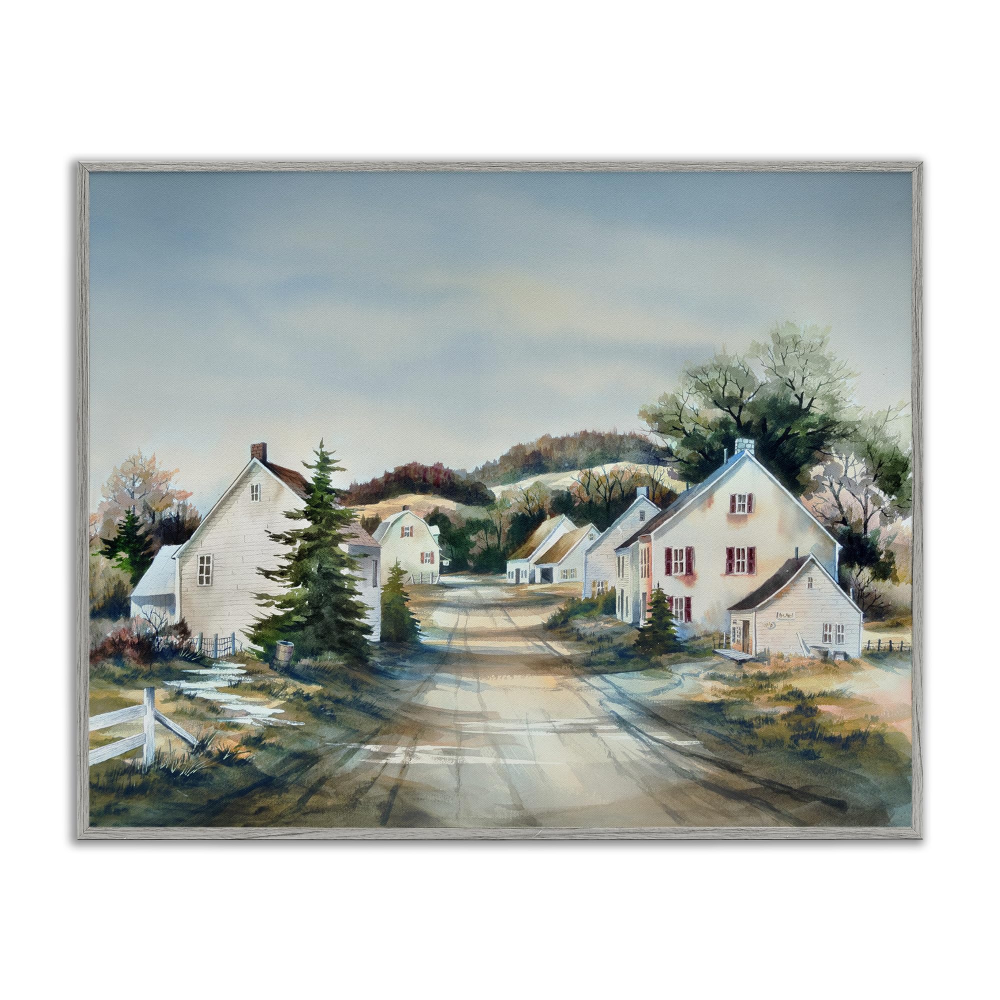 Stupell Industries Farmhouse Gray (Textured) 'Tranquil Village Road & Houses', Framed Giclee Art, Gray, 20 X 16 Inches, Easy To Hang And Sturdy, Made In Usa, By Owen Wexler