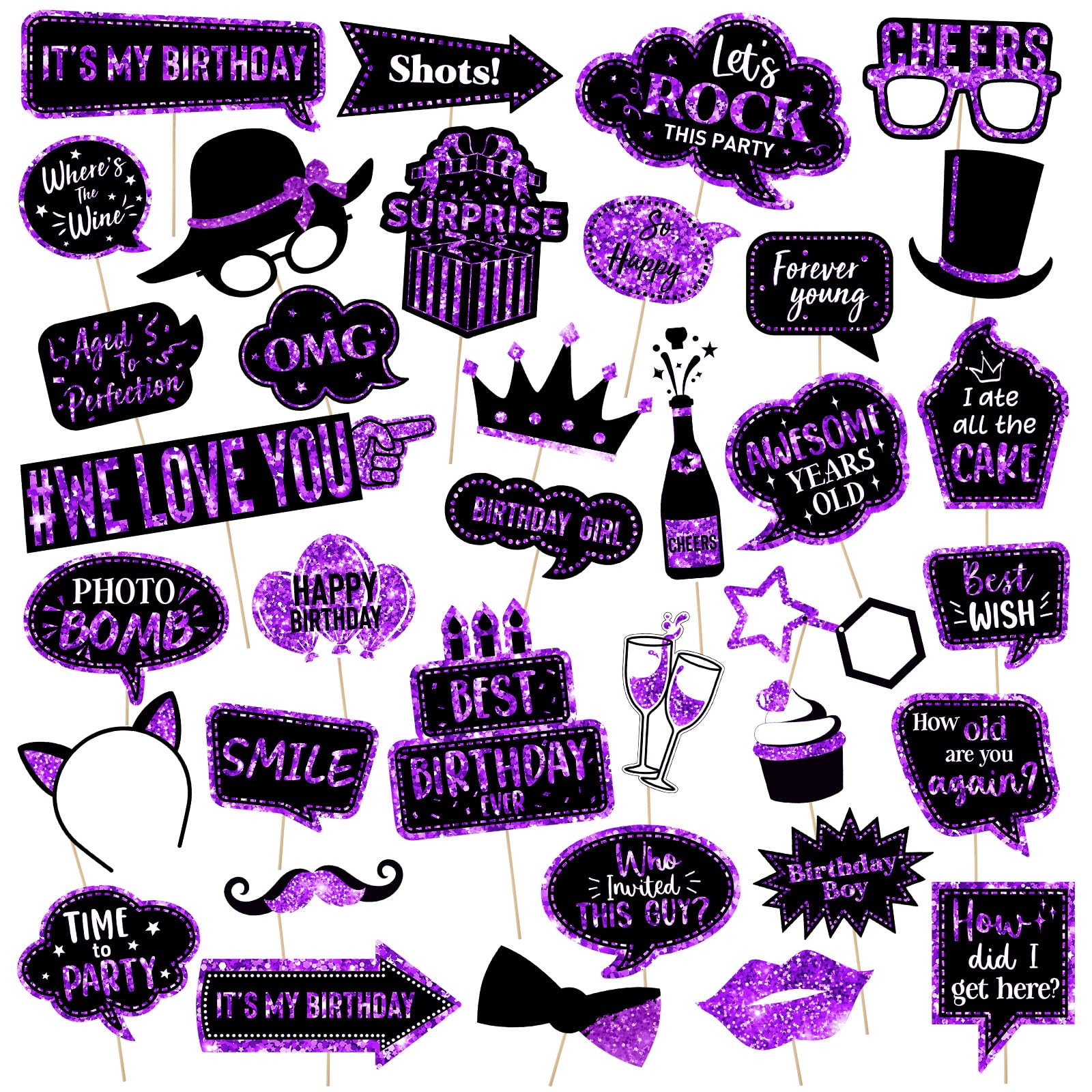 36 Pcs Birthday Photo Booth Prop Birthday Prop for Photoshoot Photo Prop Party Photobooth Prop Holiday Picture Props Photo Booth Prop Pose Sign Kit for Birthday Supplies (Purple and Black)