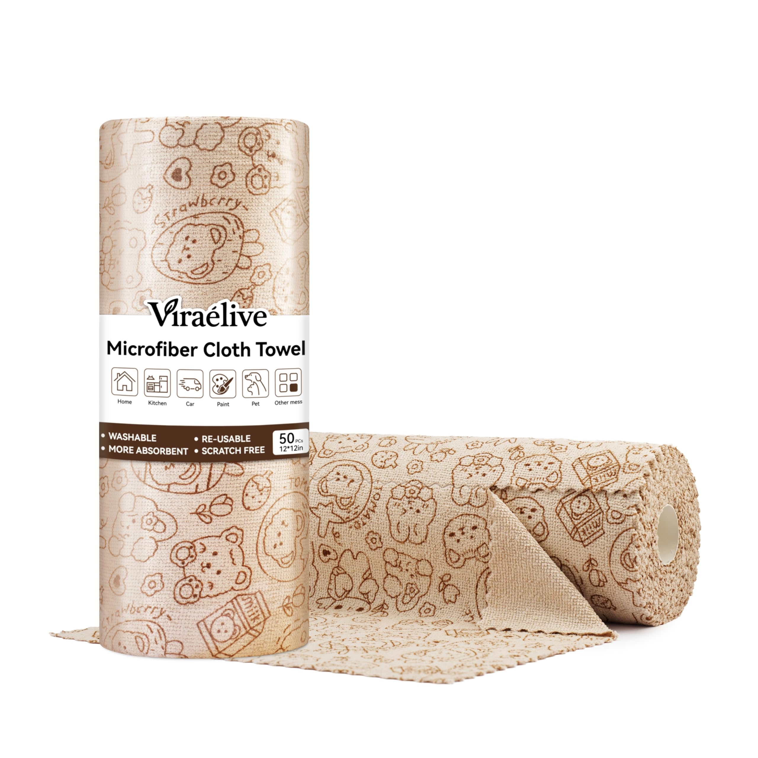 Microfiber Cleaning Cloth Roll 50-Count Reusable Durable Washable Absorbent Towels Lint-Free Non-Scratch Dish Rags for Kitchen Housekeeping Car