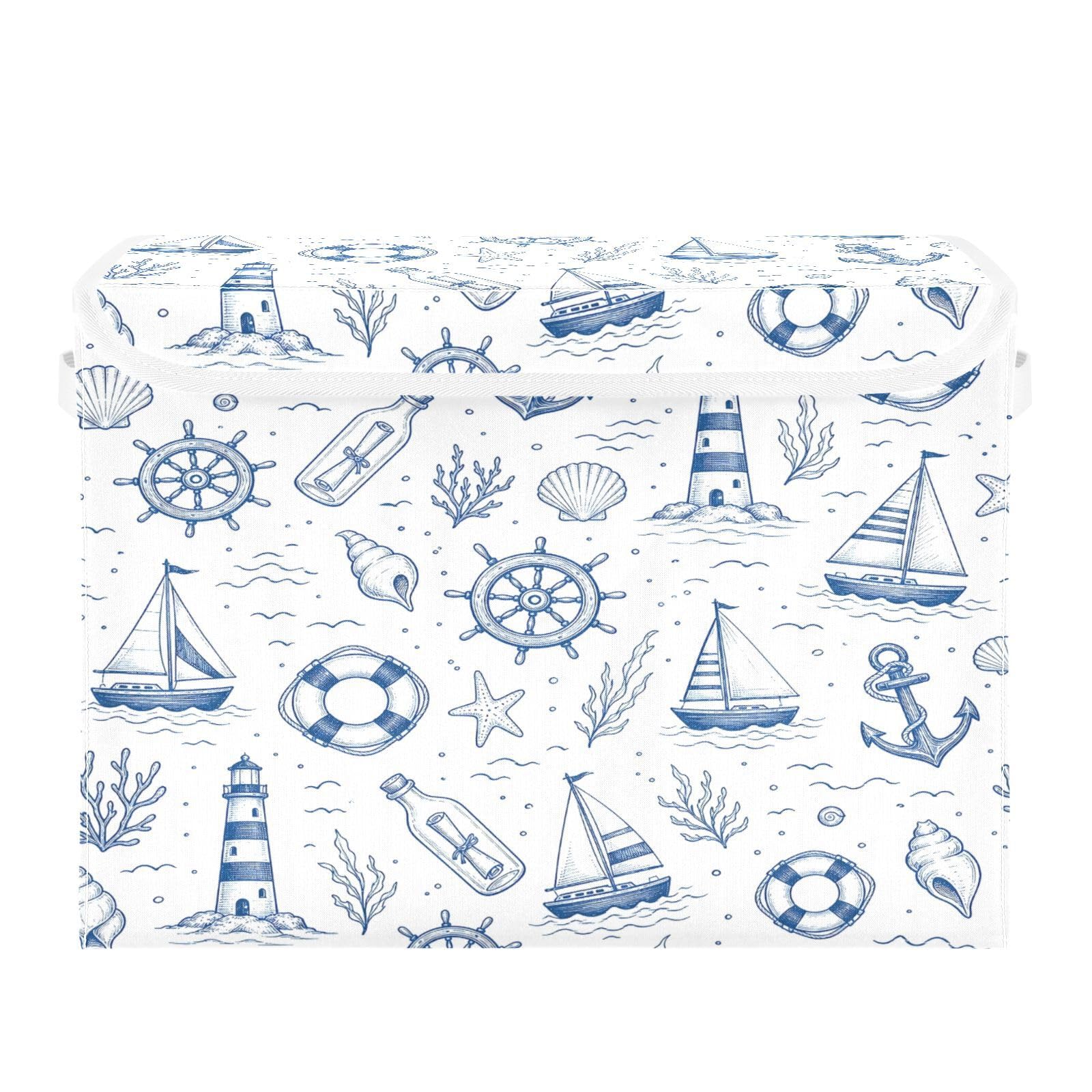 Ewusp Lighthouse Boat Fabric Storage Bin with Lid, Decorative Foldable Storage Basket with Handles, Stackable Closet Shelf Organiser Box for Clothes, Books, Bedroom, Living Room