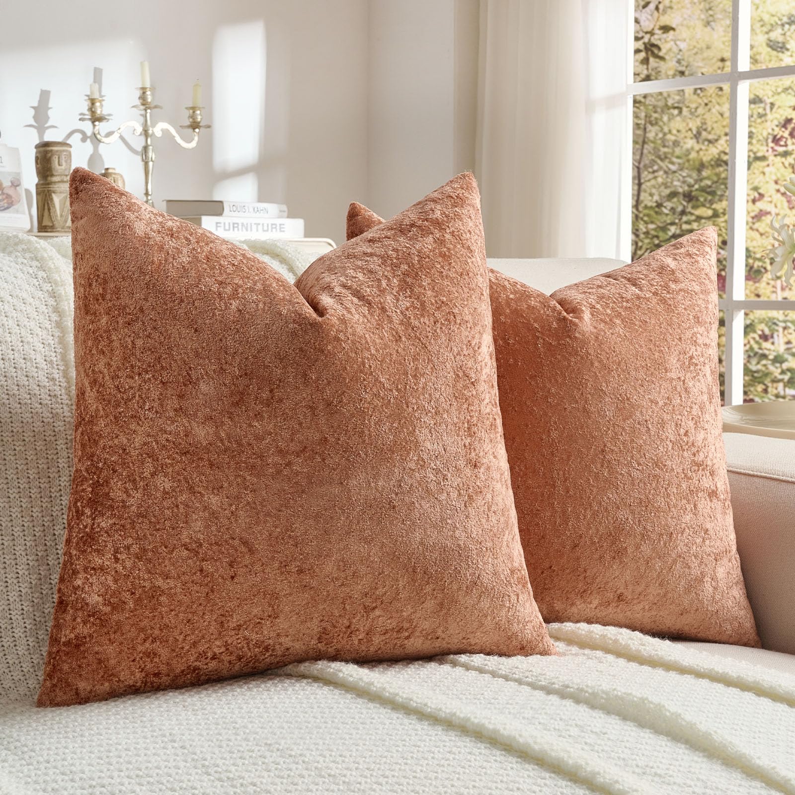 FUTEI Set of 2 Soft Flannel 65x65 cm Cushion Covers Crushed Textured Solid Scatter Euro Pillow Shams 65 x 65 cm Modern Accent for Sofa Bedroon Living Room, Rust — image 1
