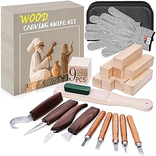 Wood Carving Kit, 4PCS Wood Carving Knives & 5PCS Detail Knives, 9 Basswood Blocks, 1 Pair Gloves, Roll Bag, Strop Block, Polishing Compound Whittling Kit Hobbies for Adults