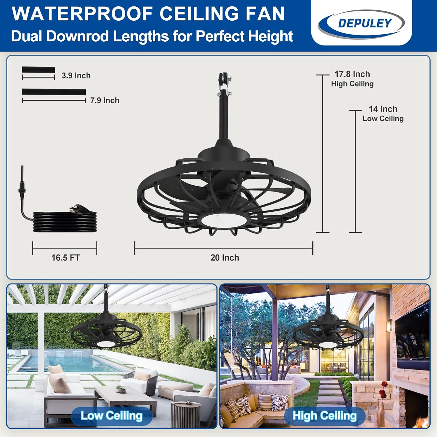 Depuley Outdoor Ceiling Fan with Light: 20" Outdoor Gazebo Hanging Fans with Remote App - Waterproof Plug in Caged Ceiling Fan for Patio Porch Canopy Pergola Black