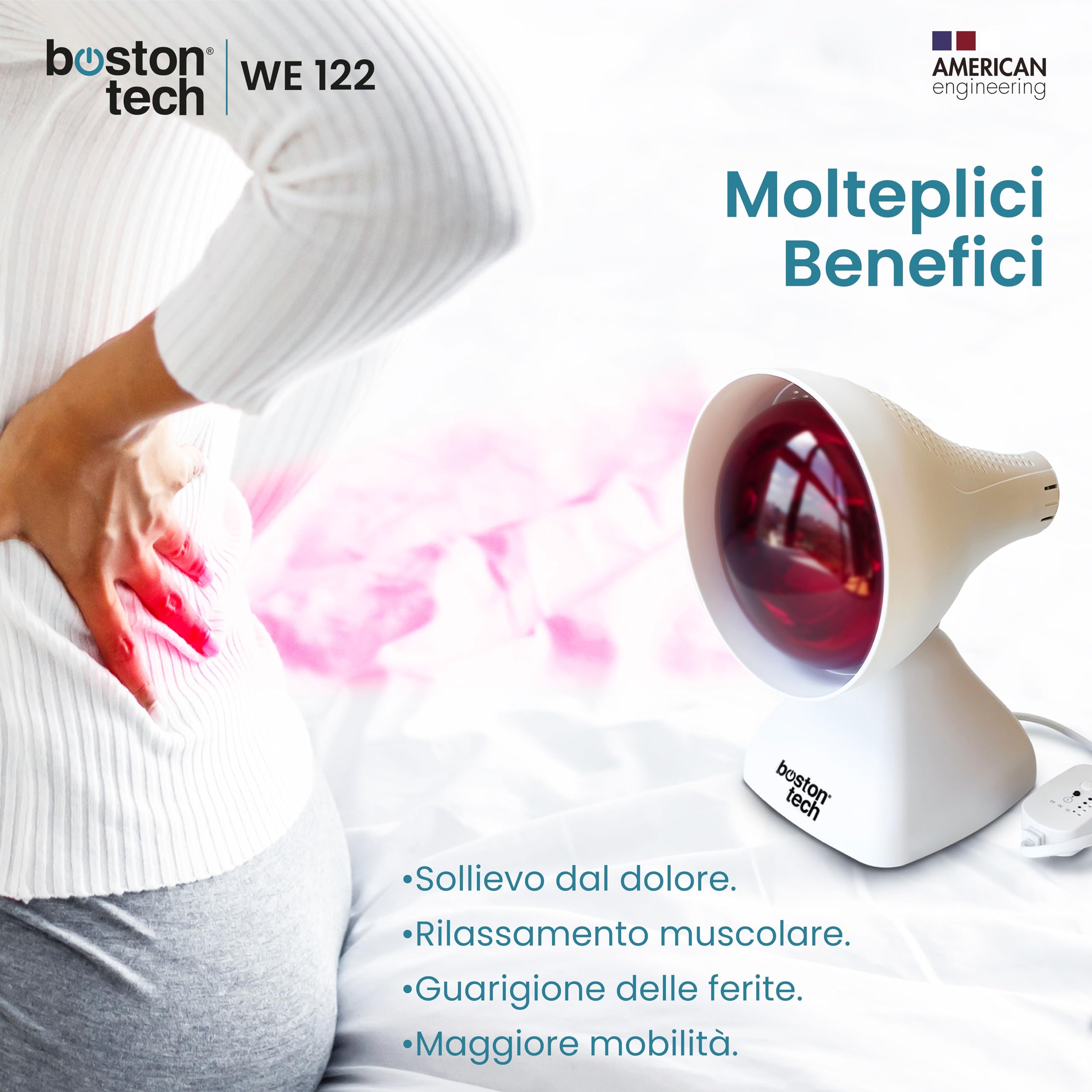 Boston Tech WE122 Lampada a infrarossi da tavolo fisioterapia dispositivo termico potenza 200 W sollievo dolori e tensioni muscolari 3 livelli di inclinazione Timer e protezione degli occhi.
