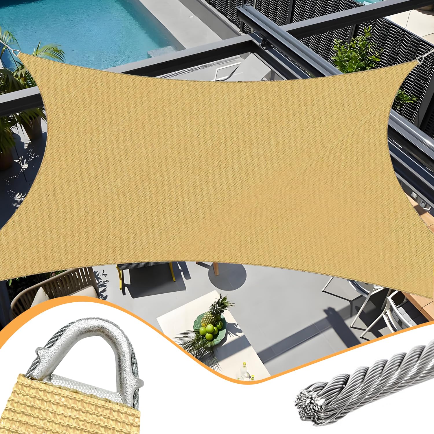 Photo 1 of 20' x 20' Sand Rectangle Sun Shade Sail Outdoor Canopy Awning UPF50+, 95% UV Blockage, Sunshade with High-Strength Steel Cable Edges for Outdoor Patio Garden Backyard