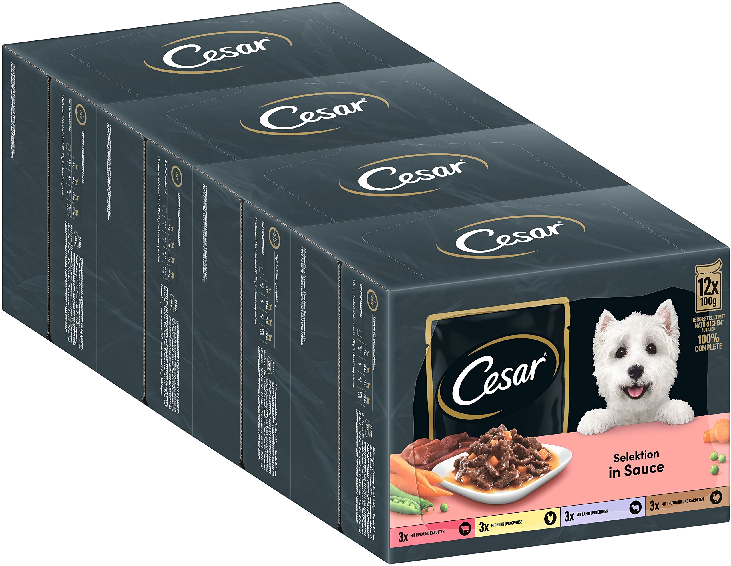 Cesar Alimento para Perros para Adultos selección en Salsa, 48 Bolsas de porciones, 12 x 100 g (4 Unidades) – Comida para Perros equilibrada Premium húmeda, selección con Carne de Res, Pollo, Cordero