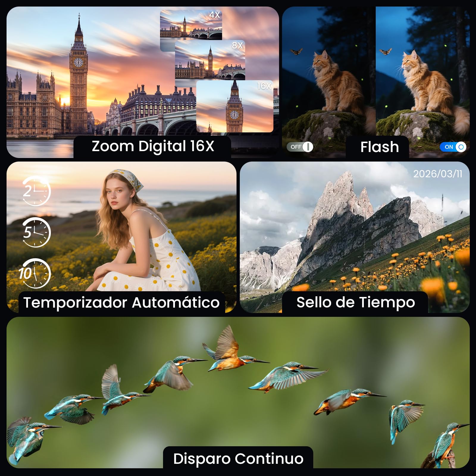 Cámara Digital 4K con WiFi 64MP Cámara de Fotos Digital con Pantalla 3" 180° Abatible, Tarjeta de 32 GB, 2 Baterías, Zoom Digital 16X, Autofoco, Anti-Vibración para Adolescentes, Adulto, Principiante
