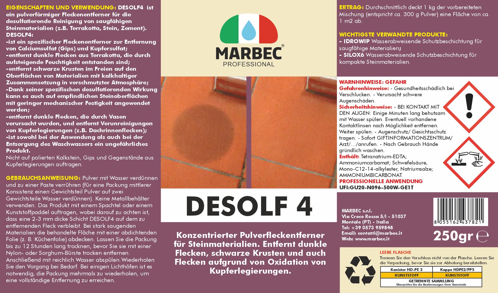 MARBEC DESOLF 4 250GRx6Stck Fleckenentferner zur Entfernung von Vasenflecken und aufsteigender Feuchtigkeit auf Terrakottafliesen und Steinmaterialien