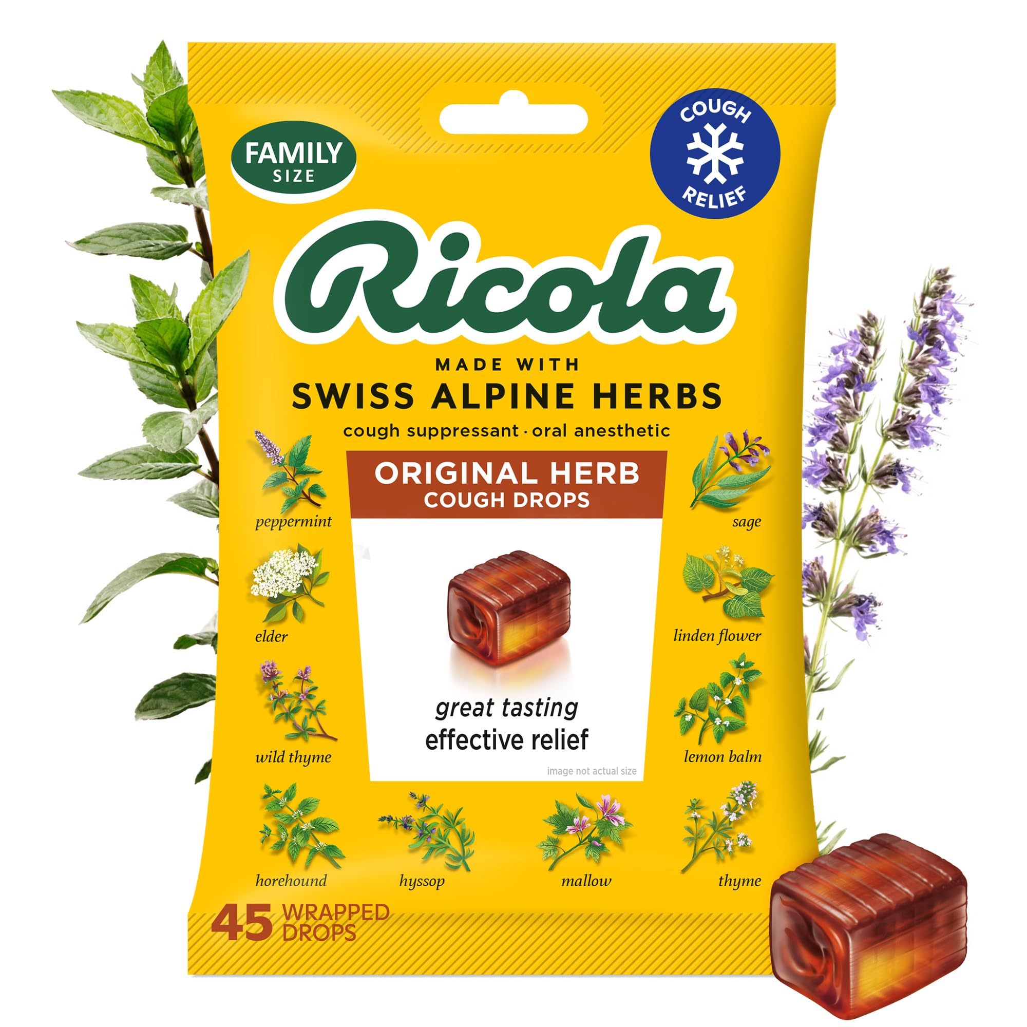 Original Herb Cough Drops, 45 Count, Cough Suppressant & Throat Relieving Drops with Naturally Sourced Menthol, Pleasing Herbal Taste for Coughs & Throat Irritation Symptom Relief