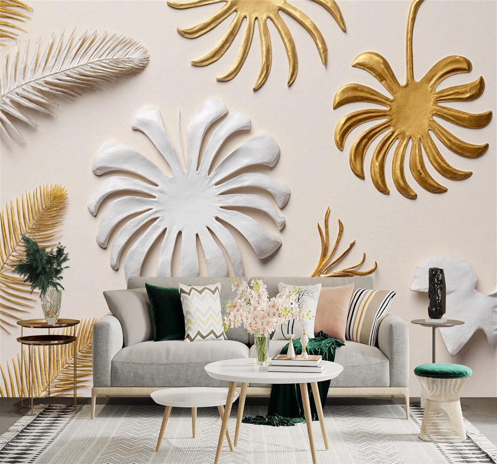 XLMING Gold White Tropical Leaves Flowers Abstract Art 3D Wallpaper Silky Texture Home Study Office Grey Dining Room Sofa Bedroom Living Room TV Backdrop-430cm×300cm