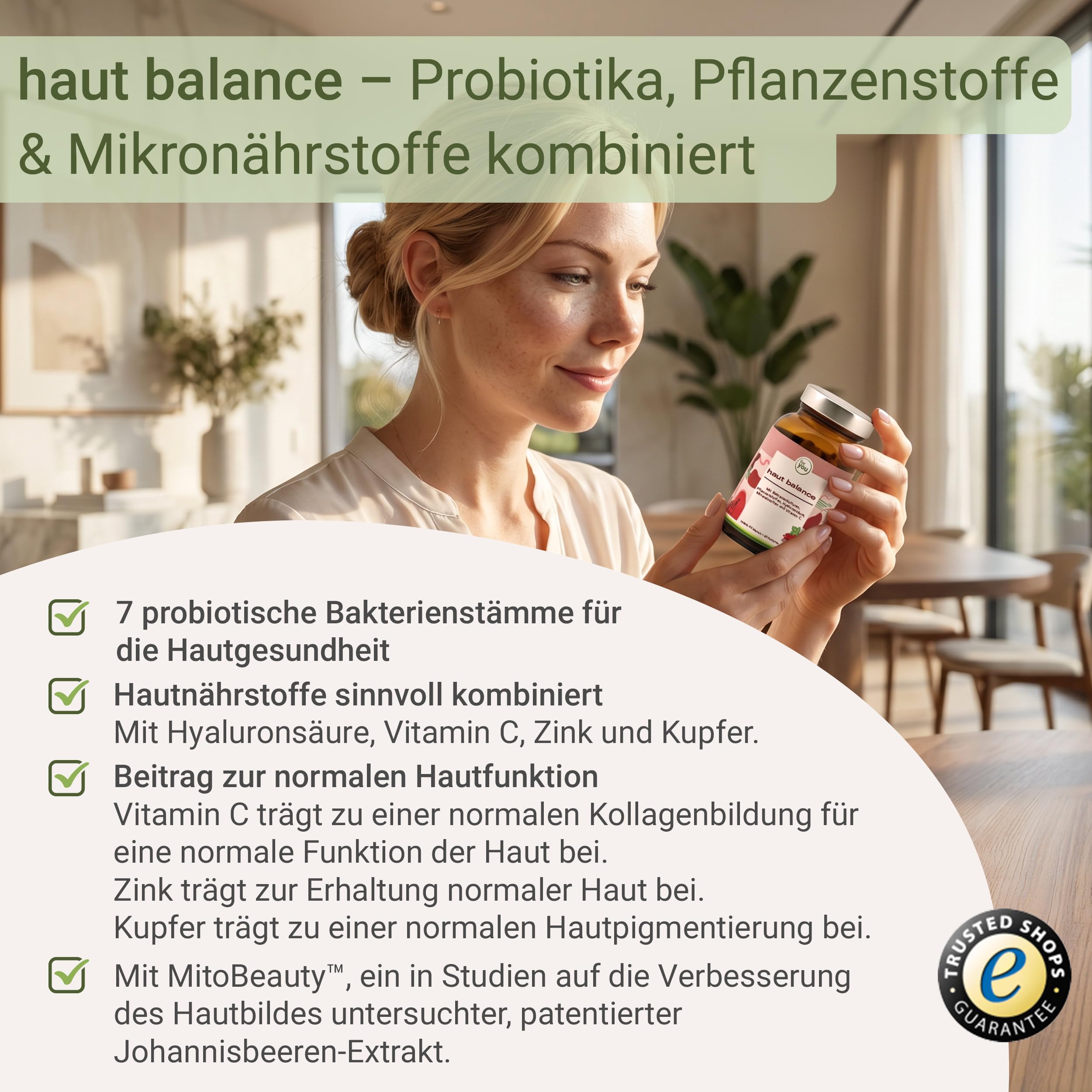 for you haut balance – 120 Kapseln mit MitoBeauty®, Hyaluronsäure, Pflanzenstoffen, Mineralstoffen und Vitamin C – mit Kupfer und Zink – vegan