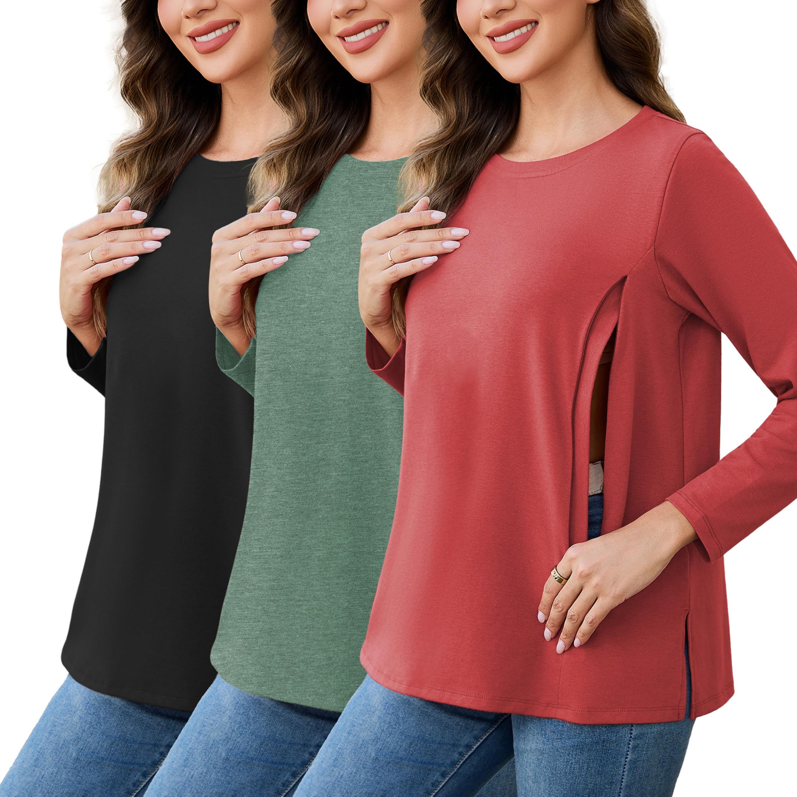 Lot de 3 t-shirts d'allaitement pour femme avec fermeture éclair, ample, manches longues, vêtements d'hiver