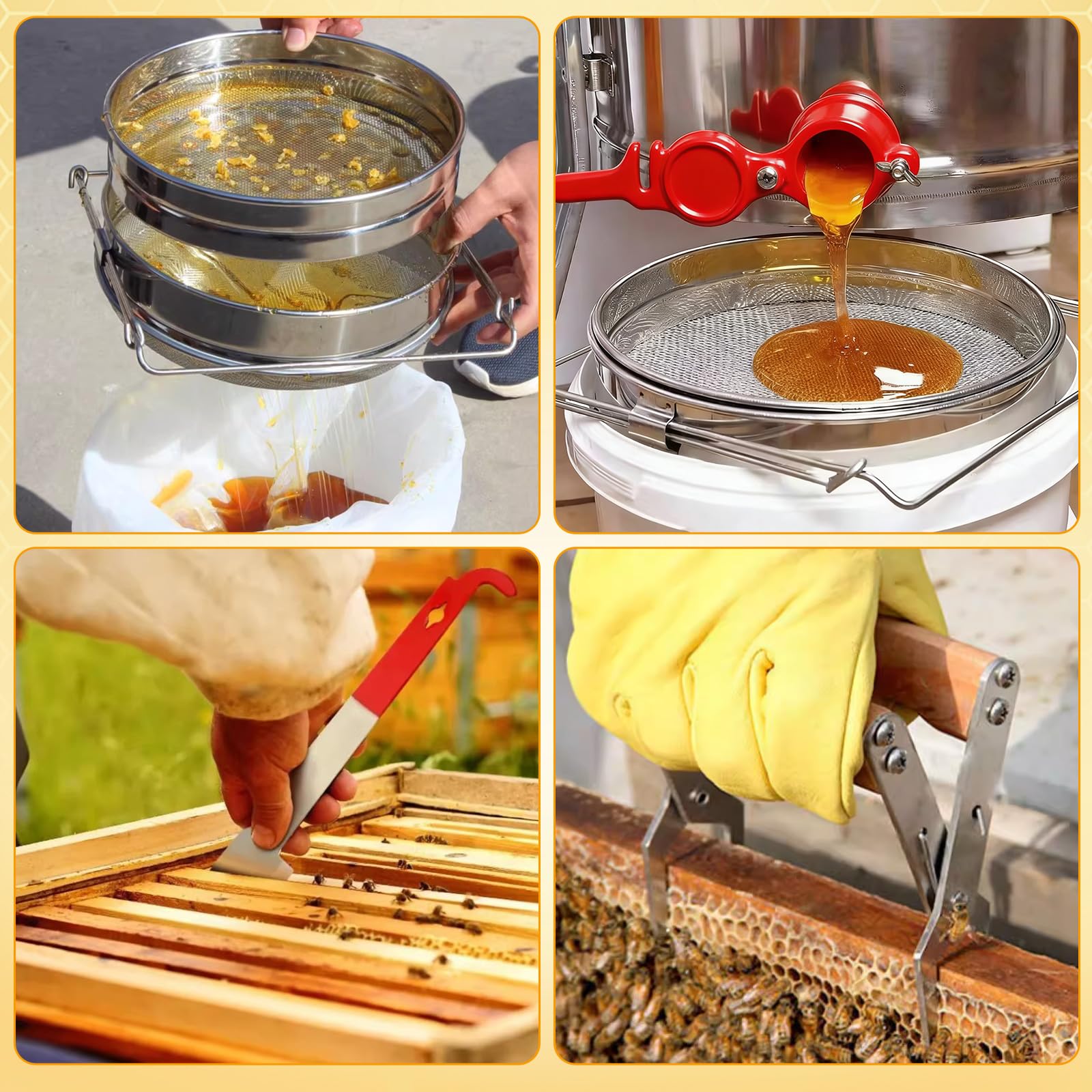 Filtre de Miel Double,Passoire à Miel en Acier Inoxydable avec Bras Extensibles,Tamis Filtrant pour Apiculture,Filtre pour Impuretés pour Seau de 5 Gallons,Apiculture équipement pour Rucher Set
