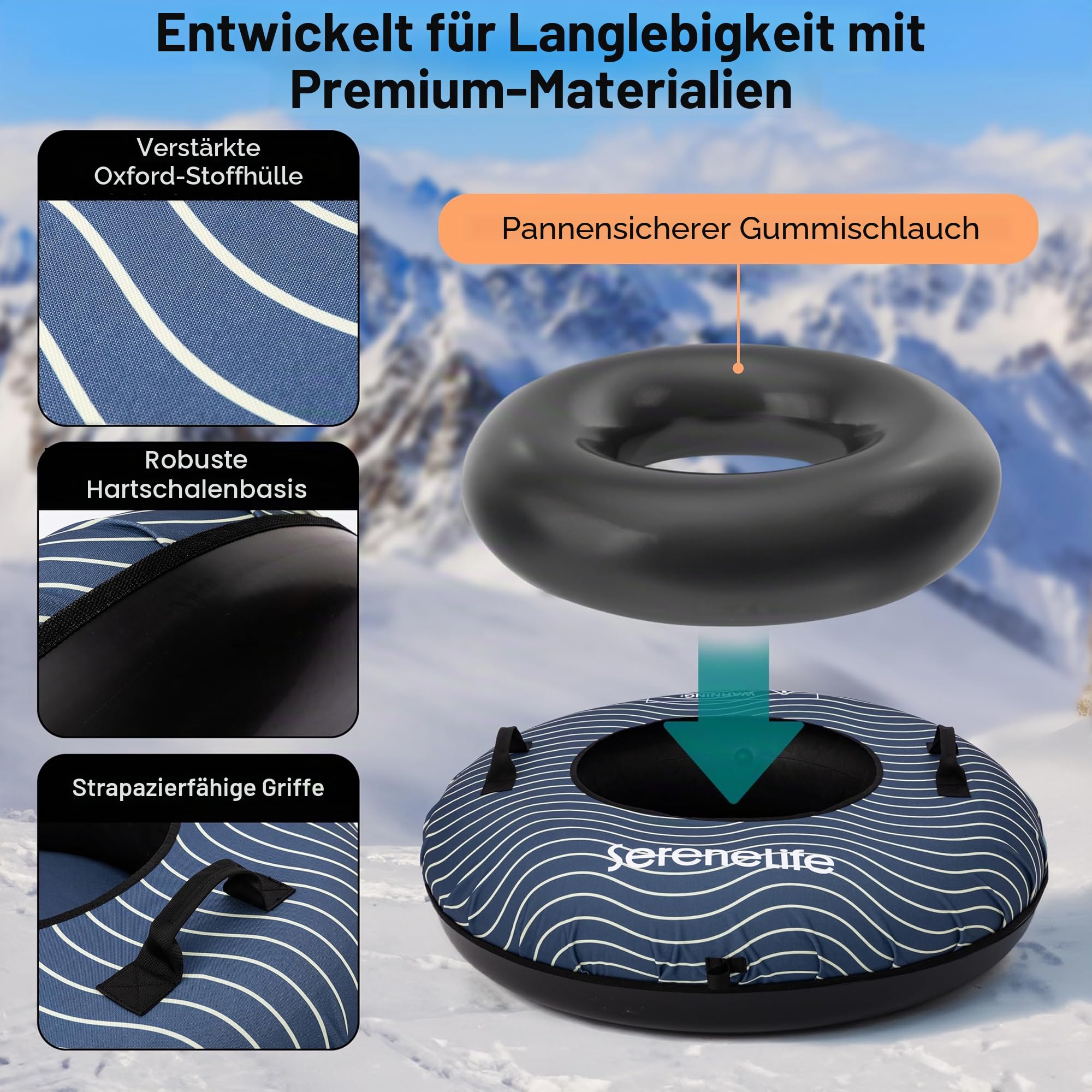 SereneLife Snowtube 102 cm – Aufblasbarer Schlitten mit Zugband & Hartplastikboden für Kinder & Erwachsene Reinforced Boden & Extra-Polsterung - Schnelle Gleitfläche - Winterspaß für 2 Personen