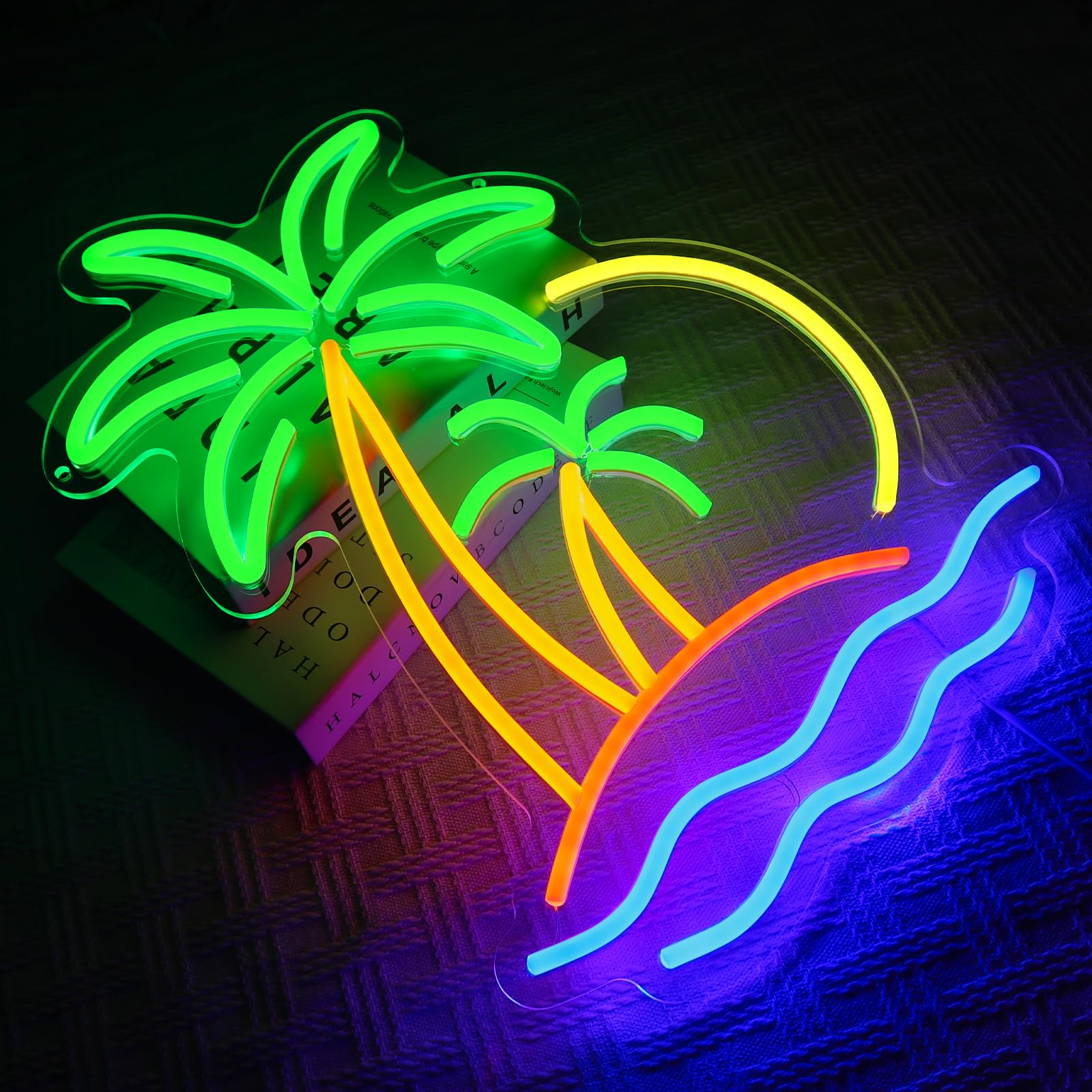 Panneau Tropical Palme Néon Cocotier Néon LED Panneau Mural Plage Surf Néon USB Panneau LED pour Bar à Bière Chambre à Coucher Café Club Professionnel Maison Pub Fête Décorations