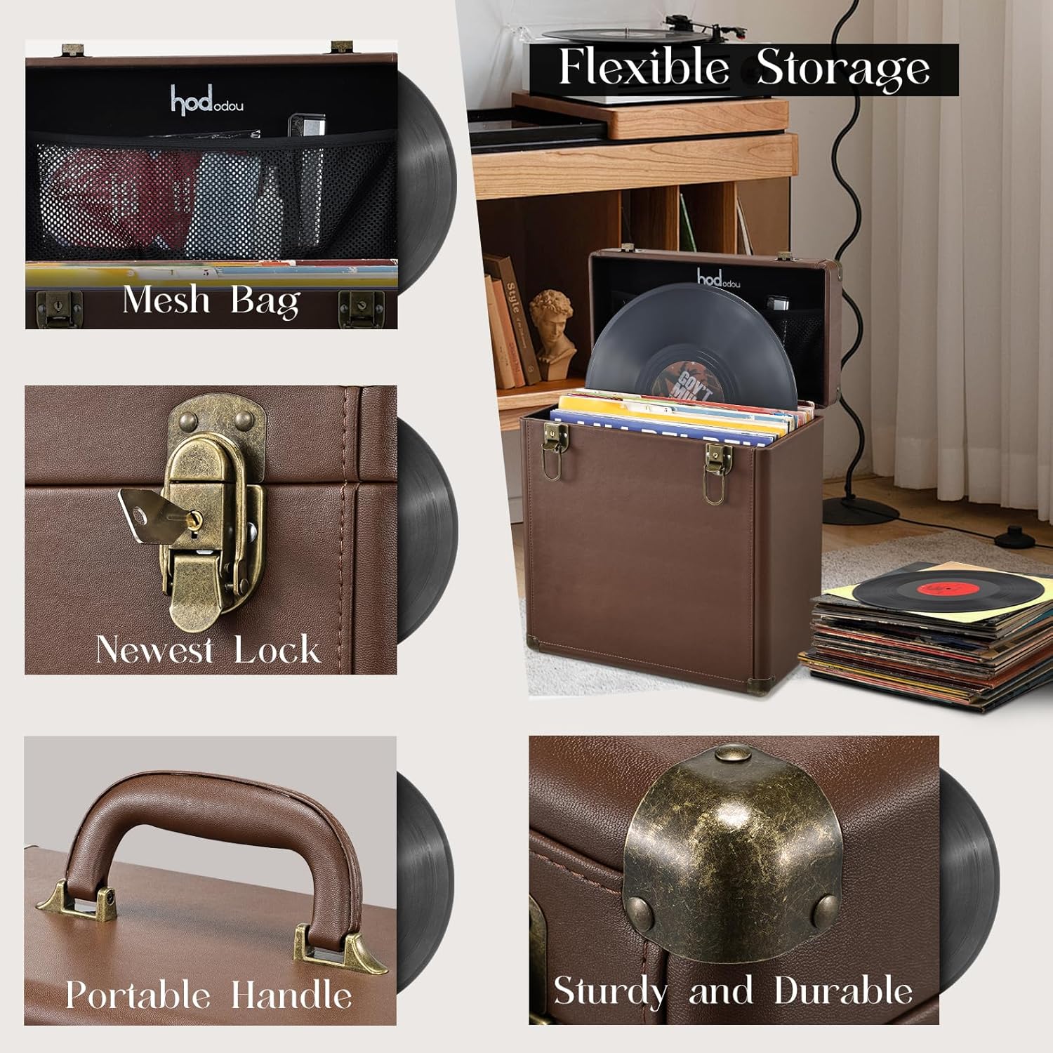 Hododou Vinyl Record Storage Box with Lock Record Organizer Storage for 30+ Single Records 12-inch Water Resistant Collapsible Storage Crate with Lid Handle Mesh Pouch for Valuable Album Collection