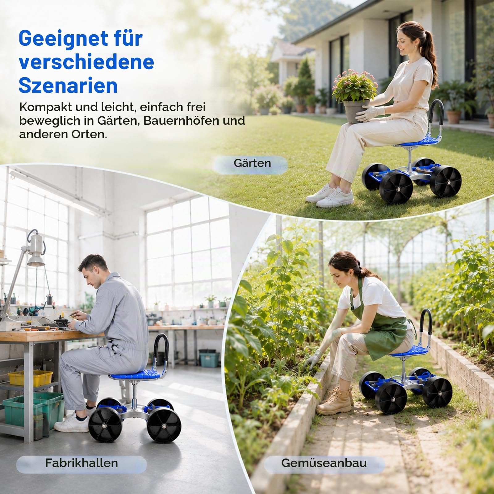 Gartenhocker, Rollender Gartenwagen Gartensitz mit Rollen Garten Rollsitz Kniebank Gartentrolley 360° Drehbar Höhenverstellbar Mobiler Gartenhocker mit Griff Ablagefach Gartenarbeitssitz bis 150 kg