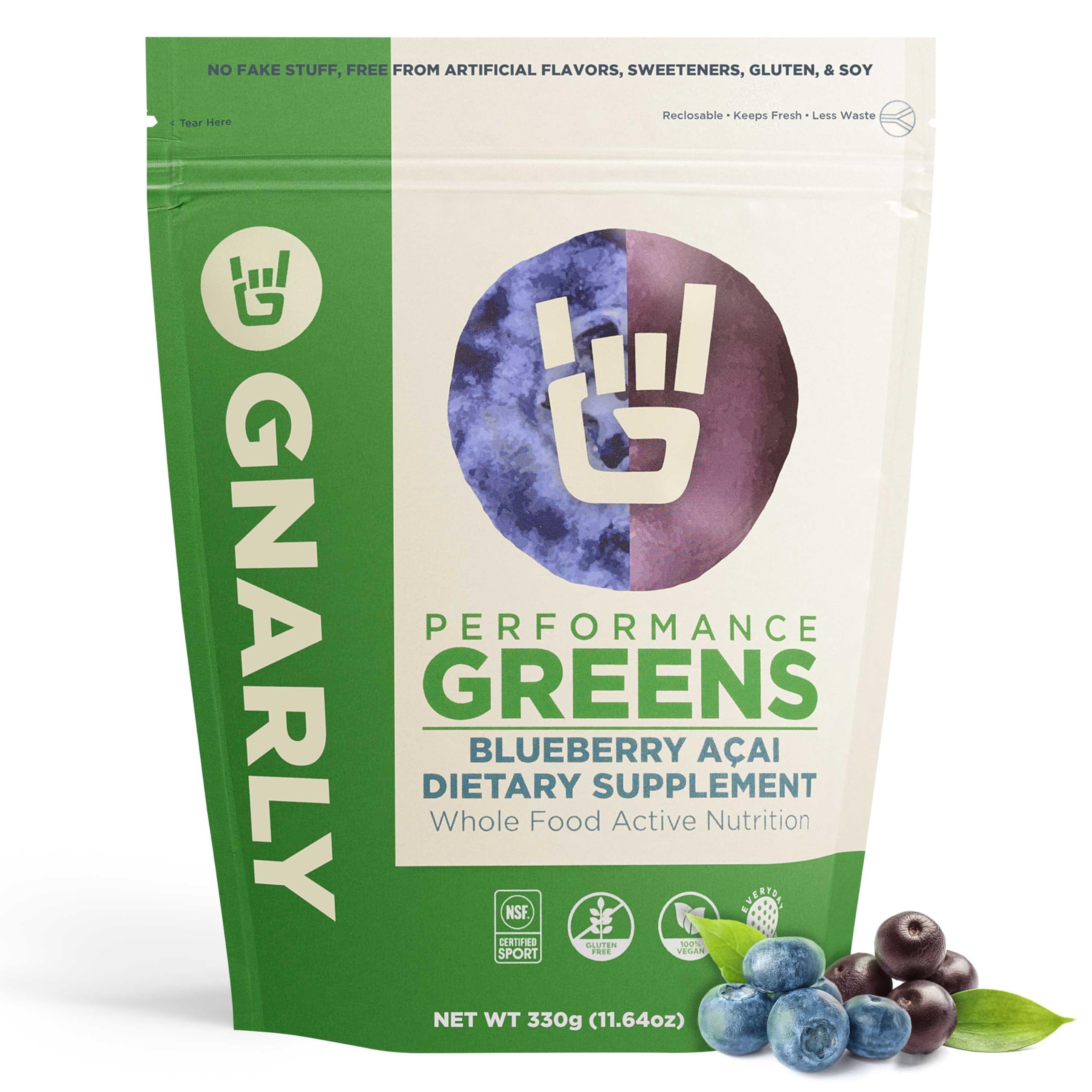 Gnarly Nutrition Greens Superfood Powder – Arándano y açaí – Polvo Super Greens de alto rendimiento – Certificado por NSF Sport – Orgánico, con probióticos y micronutrientes esenciales - Arándano y açaí, 325 g