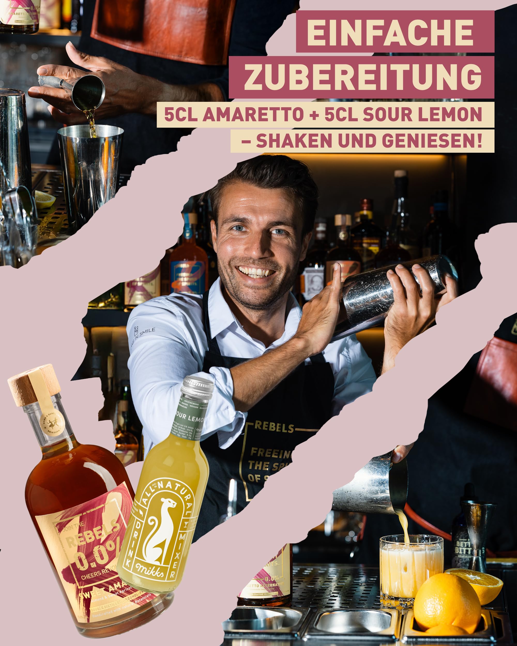 REBELS 0.0% Alkoholfreies Amaretto-Geschenkset 2+1 I Sour Lemon + Messbecher I Vegan, Hochwertige Schweizer Qualität I 500ml+250ml I Für alkoholfreie Cocktails & Mocktails I Likör Alkoholfrei