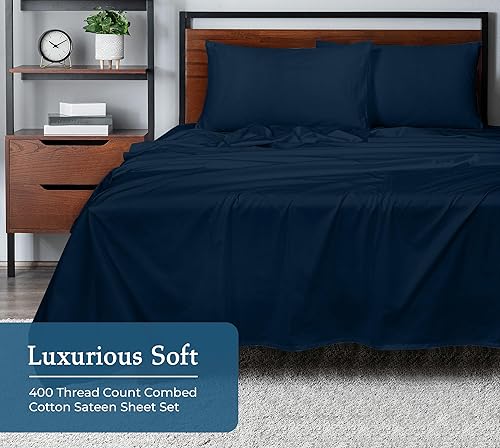 Miniatura 3 de ROYALE LINENS - Juego de sábanas de 400 hilos, 100 % algodón cultivado en EE. UU., 4 piezas, sábana satén, 1 sábana bajera, 1 sábana encimera y 2