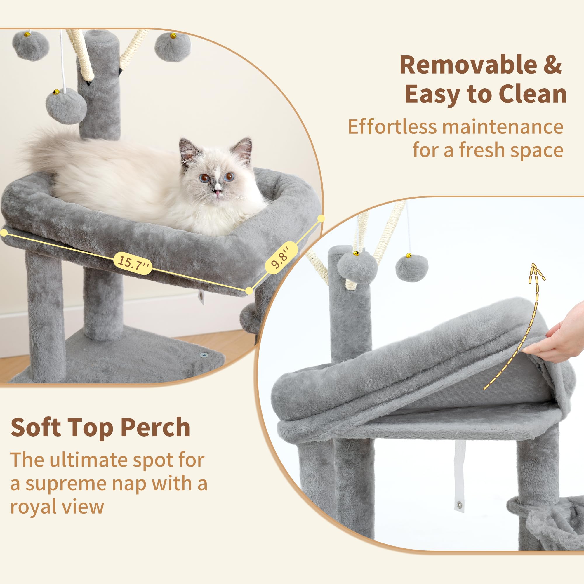 Heybly Árbol para Gatos de 115 cm, Torre para Gatos con Plataforma Grande, Cesta Colgante y Cueva, Postes Rascadores de Sisal, Pelotas Colgantes y Cojines Desmontables, Gris Claro HCT202SW