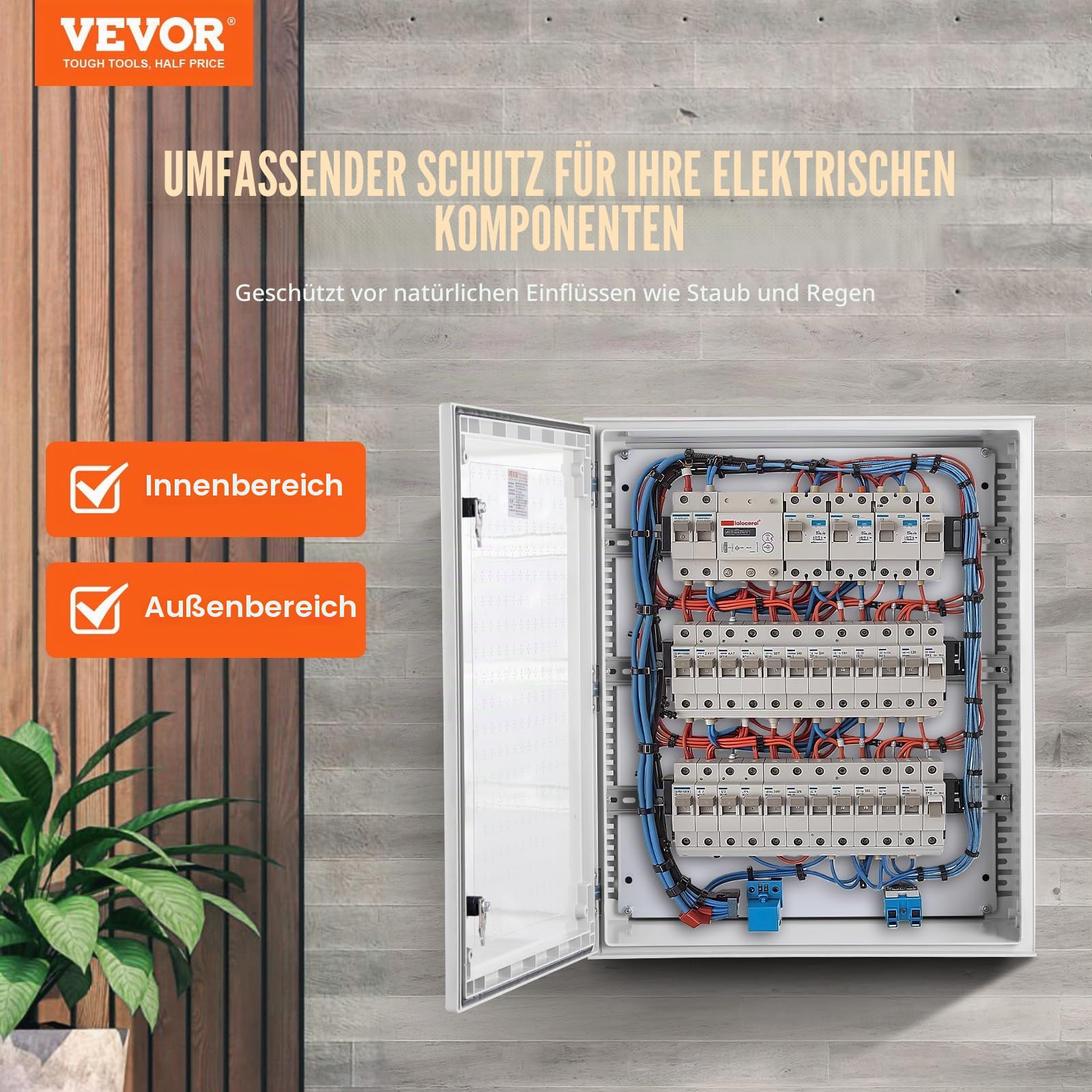 VEVOR Schaltschrank NEMA-Gehäuse, 400x500x200 mm, NEMA 4X Glasfaser-Stahl-Elektrobox, IP66 wasserdicht & staubdicht, Klappanschlussdose für den Innen- &Außenbereich, mit Montageplatte