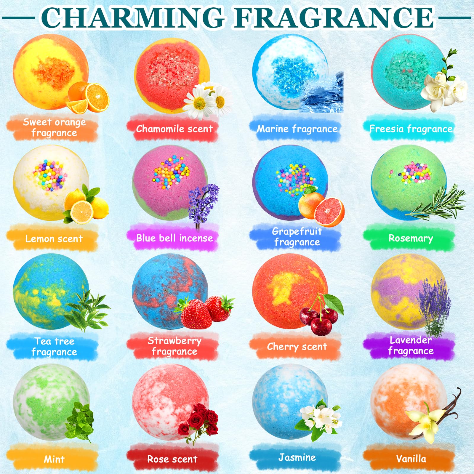 MOYKSRR Bombes de Bain, Lot de 16 Coffret Cadeau Boules de Bain, Bombes de Bain Moussantes Biologiques et Naturelles, Coffret Cadeau Femme - pour Cadeau Femme, Fille, Enfants, Fete des Meres, Noël