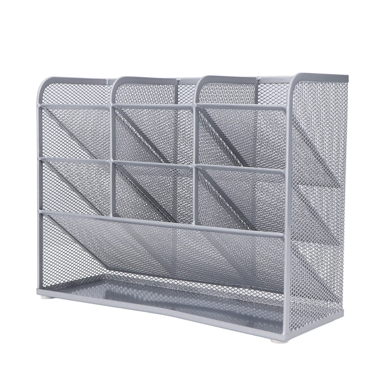 Muiltvoe Mesh Pencil Holder Desk Pen Organizer 9 Grids Large Storage Space for Office Supplies with 45° Tilt Design Non-Slip Base