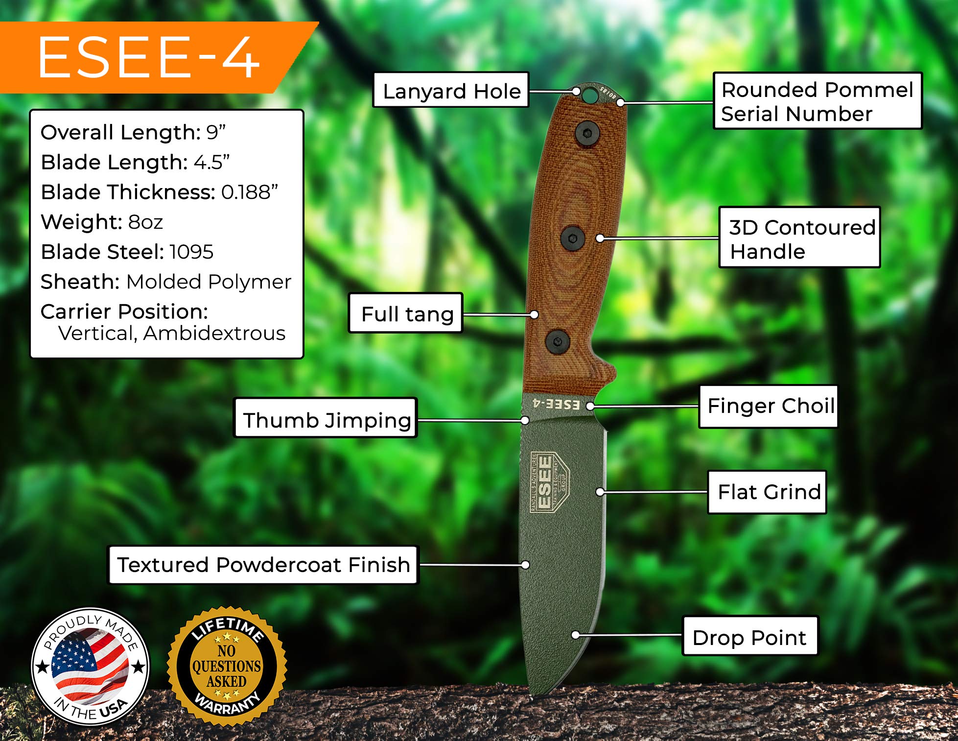 ESEE-4 1095 Carbon Steel, Black Sheath (OD Green Blade, Natural Canvas Micarta 3D Handle)