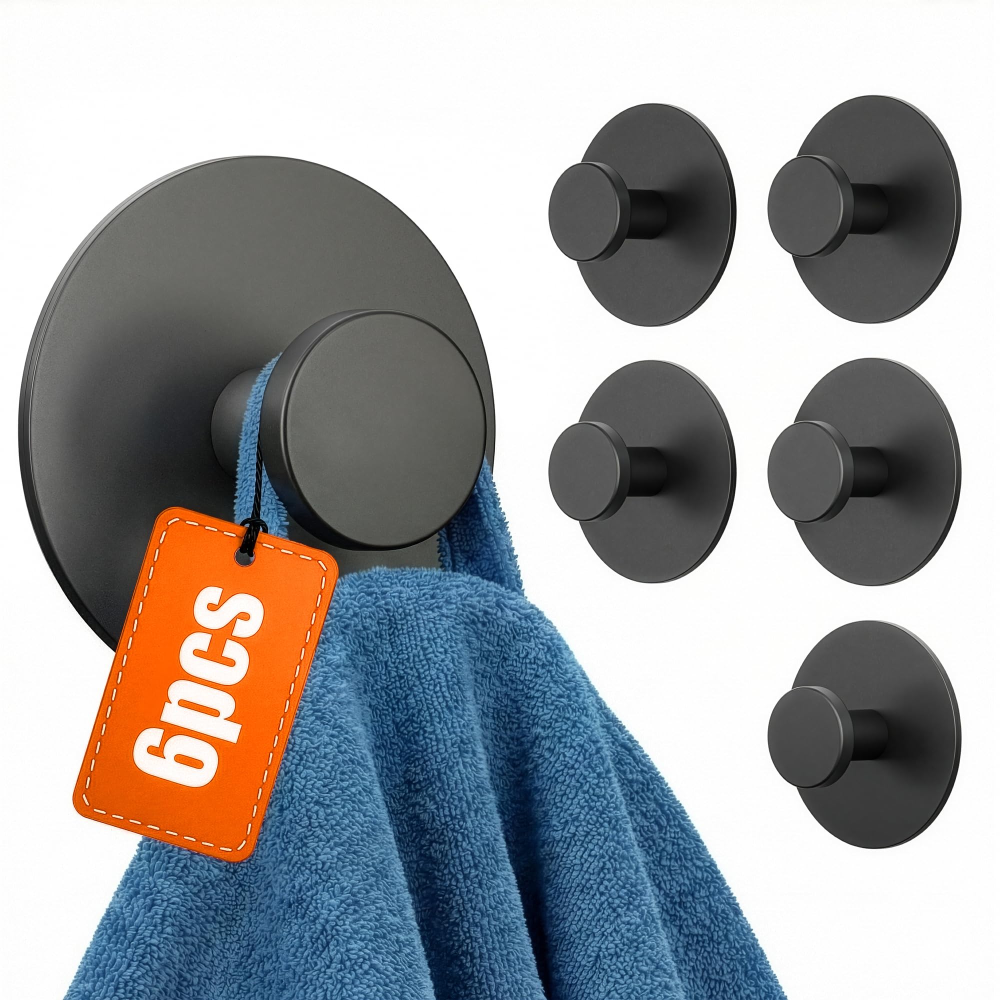 Minismus Ganchos Adhesivos para Pared, Colgadores Adhesivos Resistentes sin Taladro, Colgador Toalla Baño Cocina y Entrada, Ganchos para Colgar con Pomo Redondo, Acero Inoxidable Negro, 6 Unidades