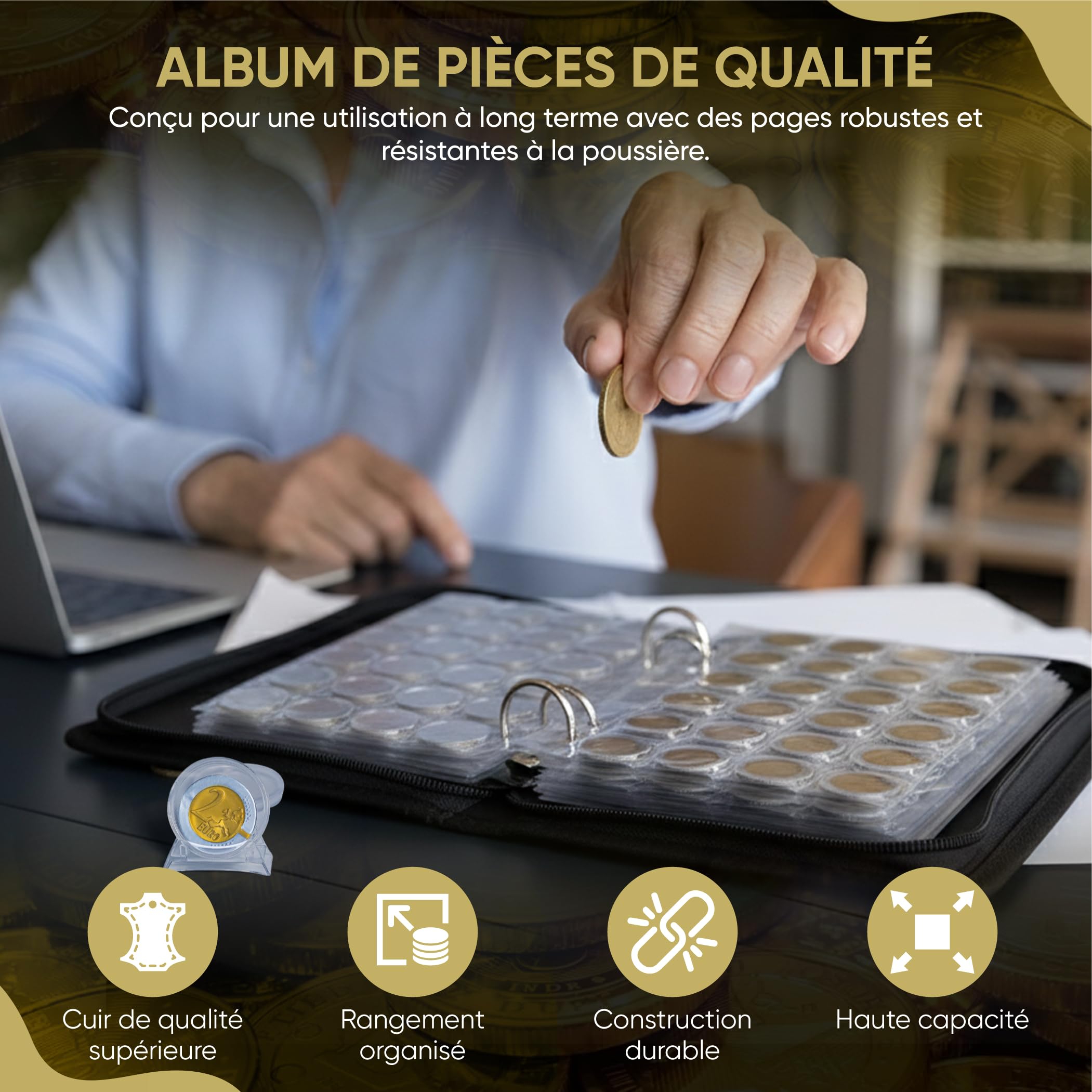 Classeur pièce 2 euros – classeur numismatique 480 pochettes en cuir résistant – album collection pièces de monnaie, rangement et protection pour collectionneurs