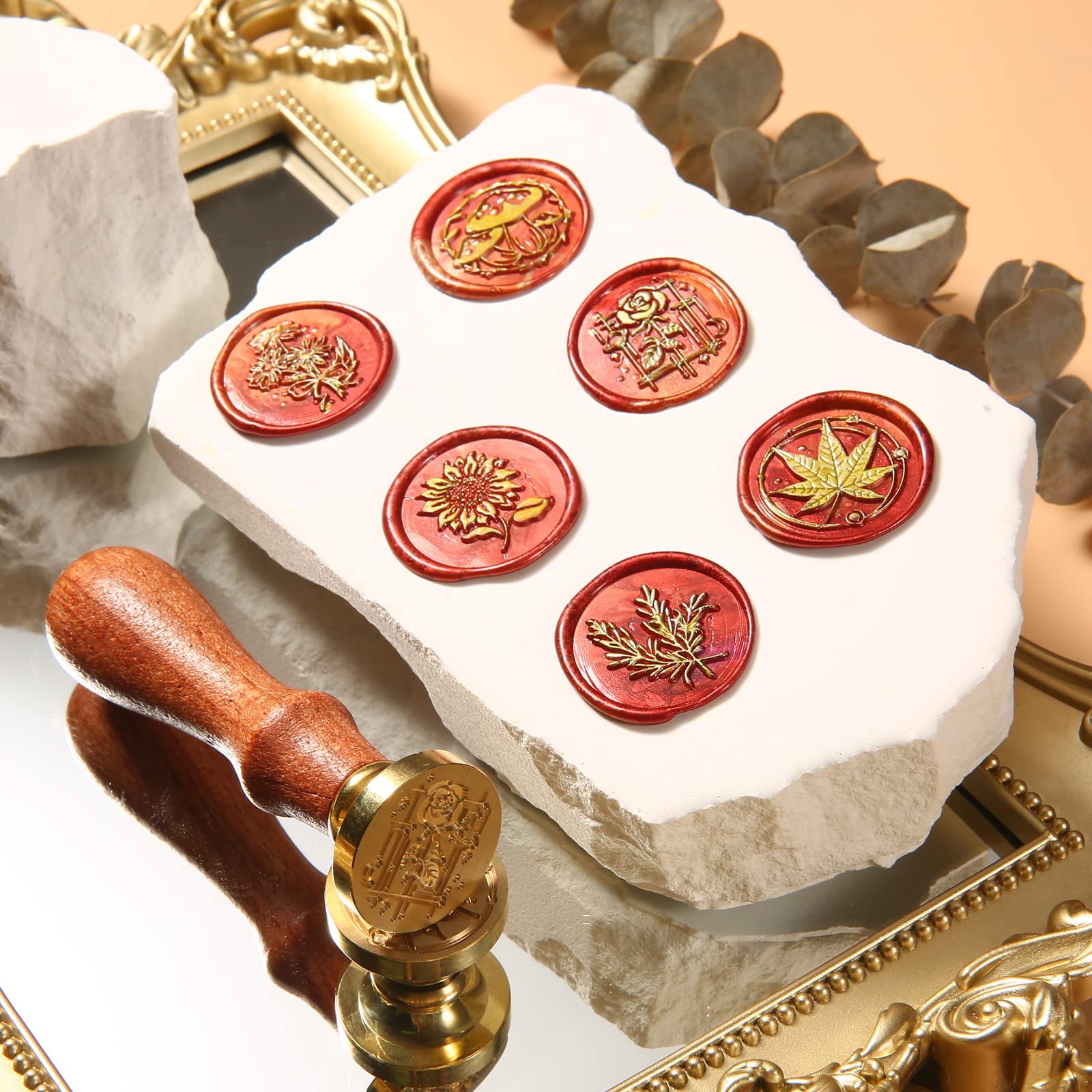 Comealltime Wax Seal Stamp Set, 6 Pieces Copper Wax Seal Stamp and Removable Wooden Handle, Sealing Wax Stamp (Rose, Wheat - Image 2