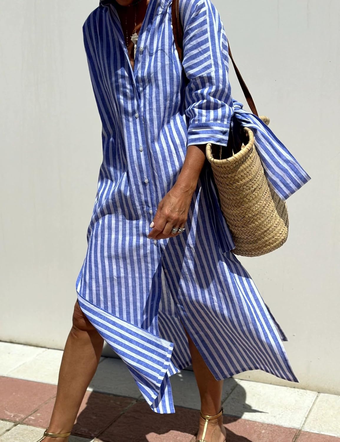 Hooever Shirt Dresses for Women Casual Long Sleeve Button Down Loose Striped Cotton Maxi Shirt Dress - Image 4