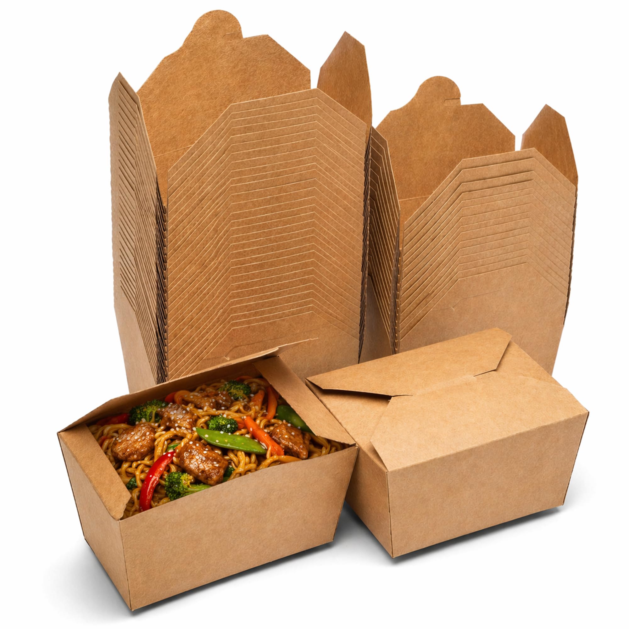 rynli Kraft 100pcs Takeaway Boxes with Foldable Lids, 1400 ML/50oz Disposable Cardboard Deli Containers, Oil and Water Proof, Leak-Resistant, Biodegradable Food Containers