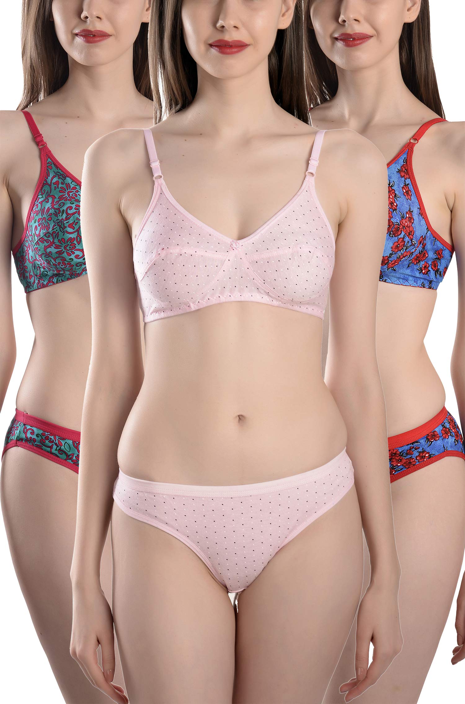 StyFunCotton 3 Bras & 3 Panties Set for Women Bra Panty Set Bra Panty Set for Women Undergarments Lingerie Set for Women Multicolour Cup-B