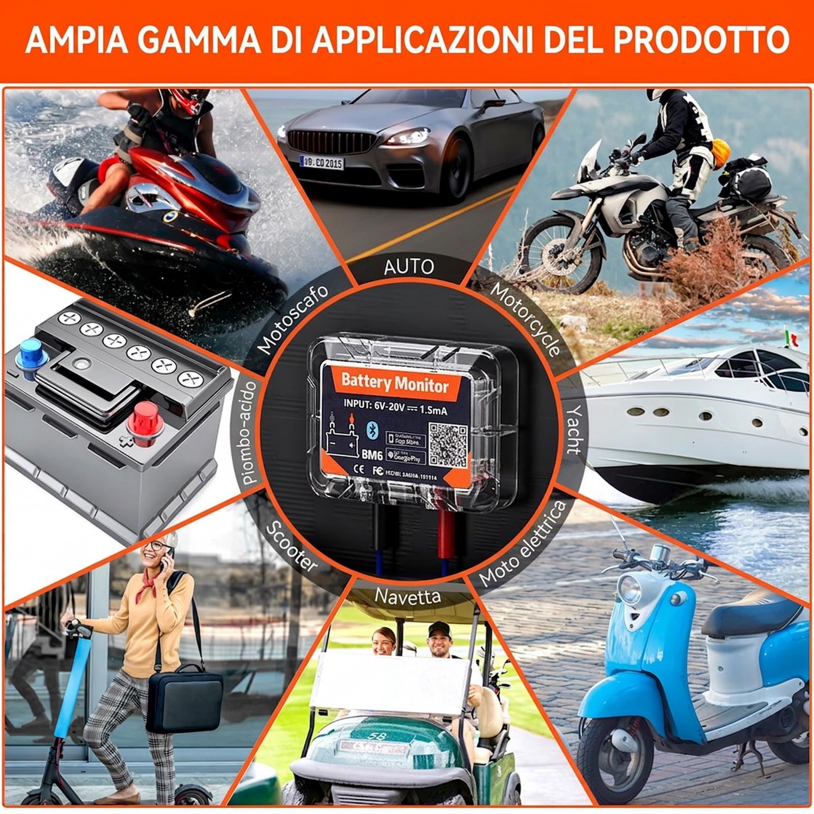 Battery monitor 12V Bluetooth 4.2 Tester batteria auto DC 6V-20V Monitoraggio dello stato della batteria in tempo reale con protezione da cortocircuito e inversione di polarità Avviso anomalo.